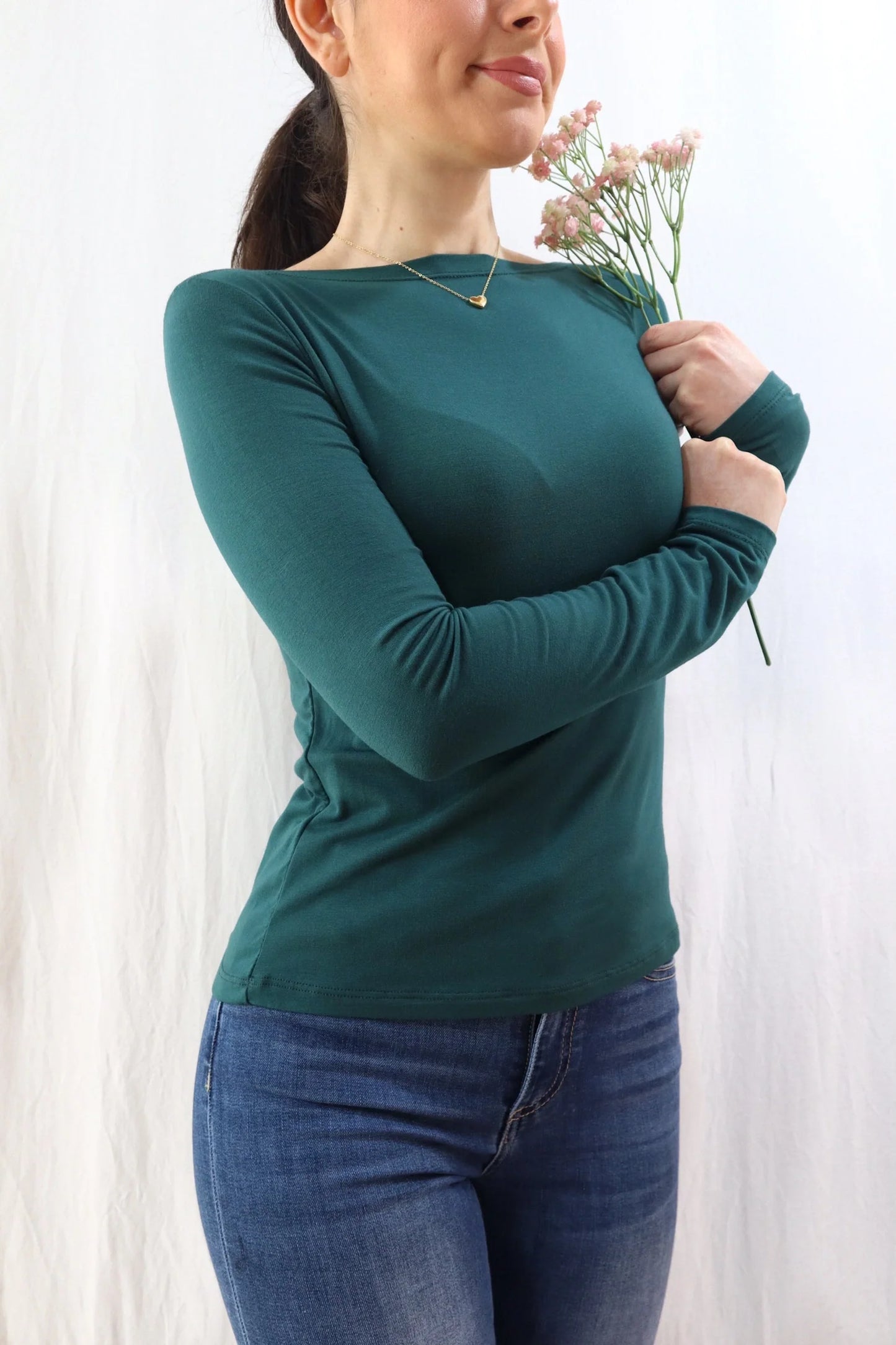 Long Sleeve Boat Neck Top | Green