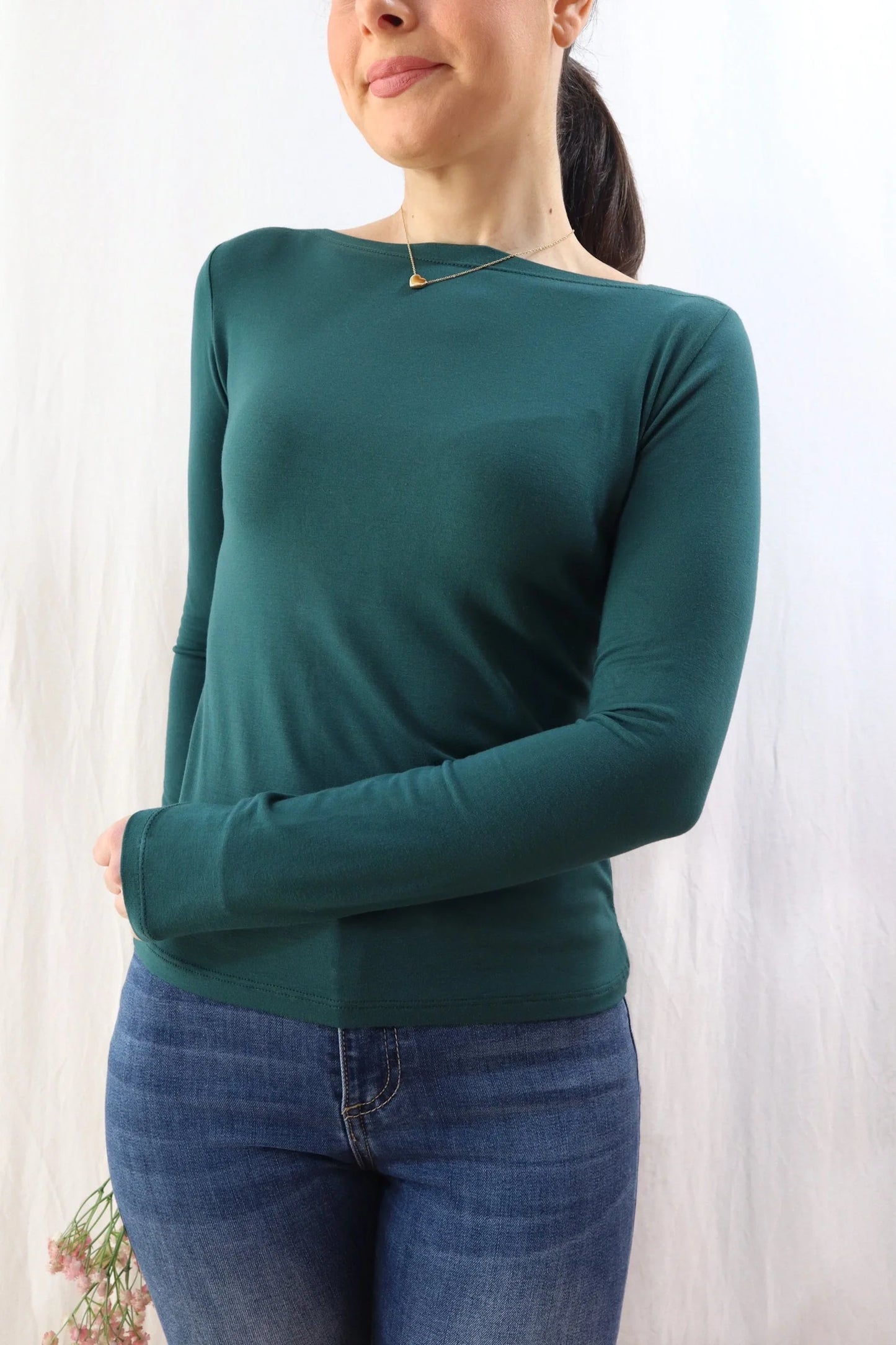 T-shirt con Scollo a Barchetta Maniche Lunghe | Verde