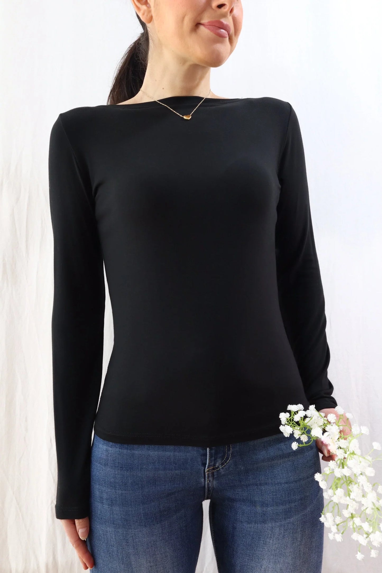 Long Sleeve Boat Neck Top | Black