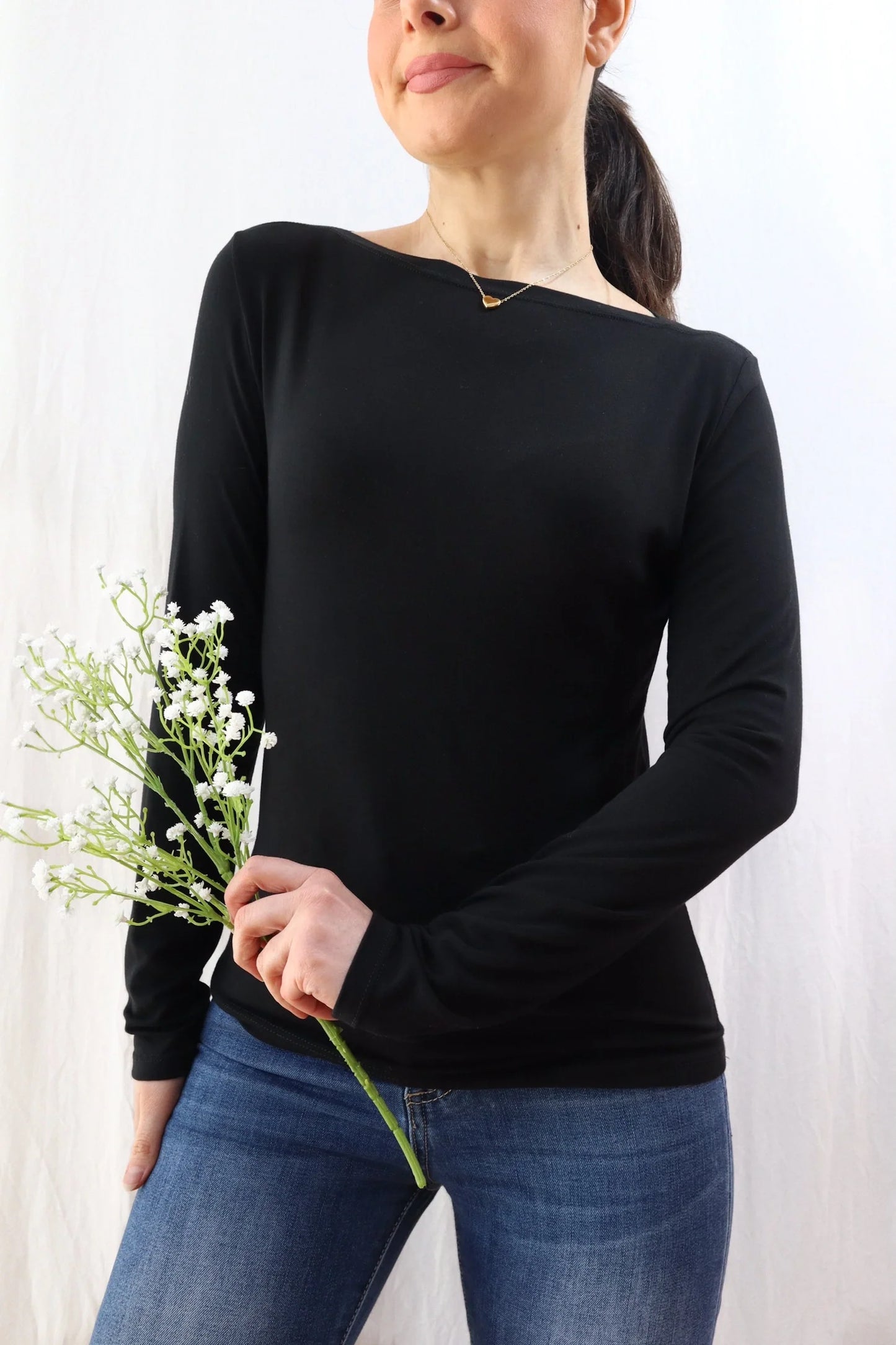 Long Sleeve Boat Neck Top | Black