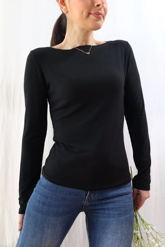 Long Sleeve Boat Neck Top | Black