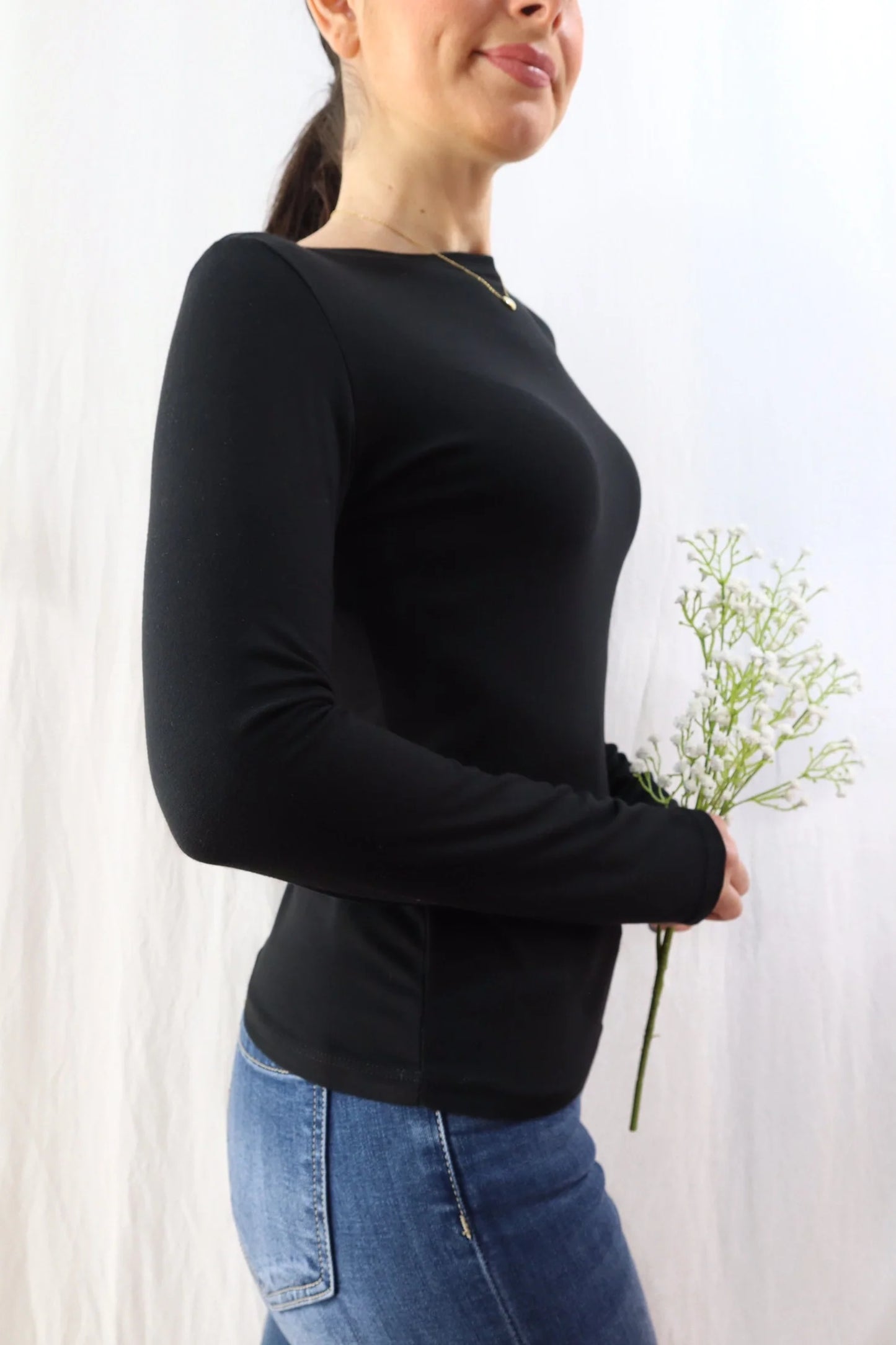 Long Sleeve Boat Neck Top | Black