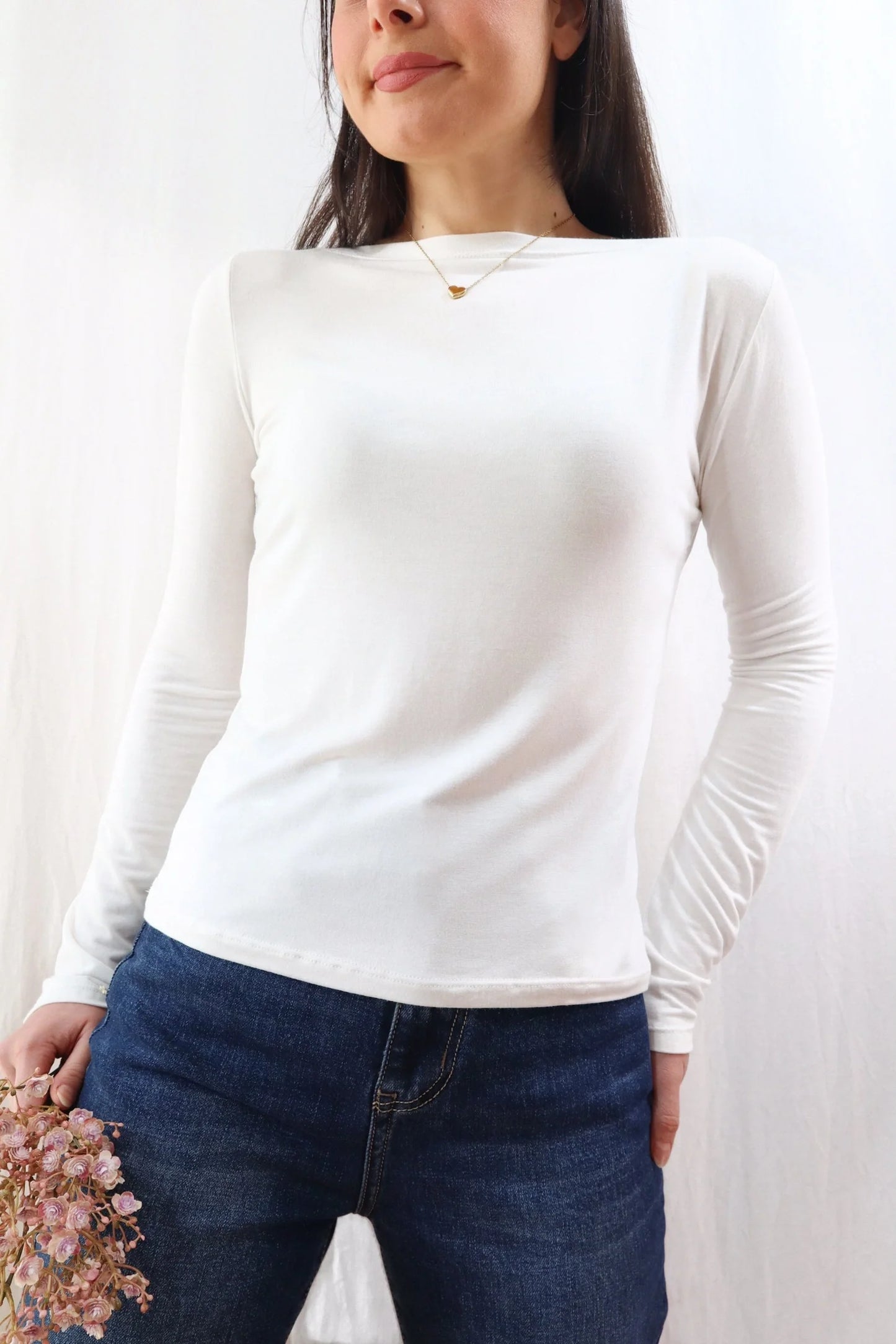 Long Sleeve Boat Neck Top | White