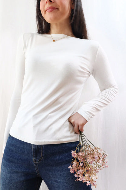 Long Sleeve Boat Neck Top | White