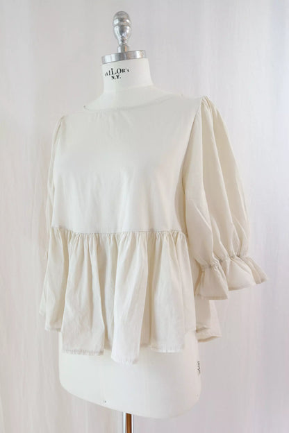 Pure Cotton Blouse with Flounces | Beige