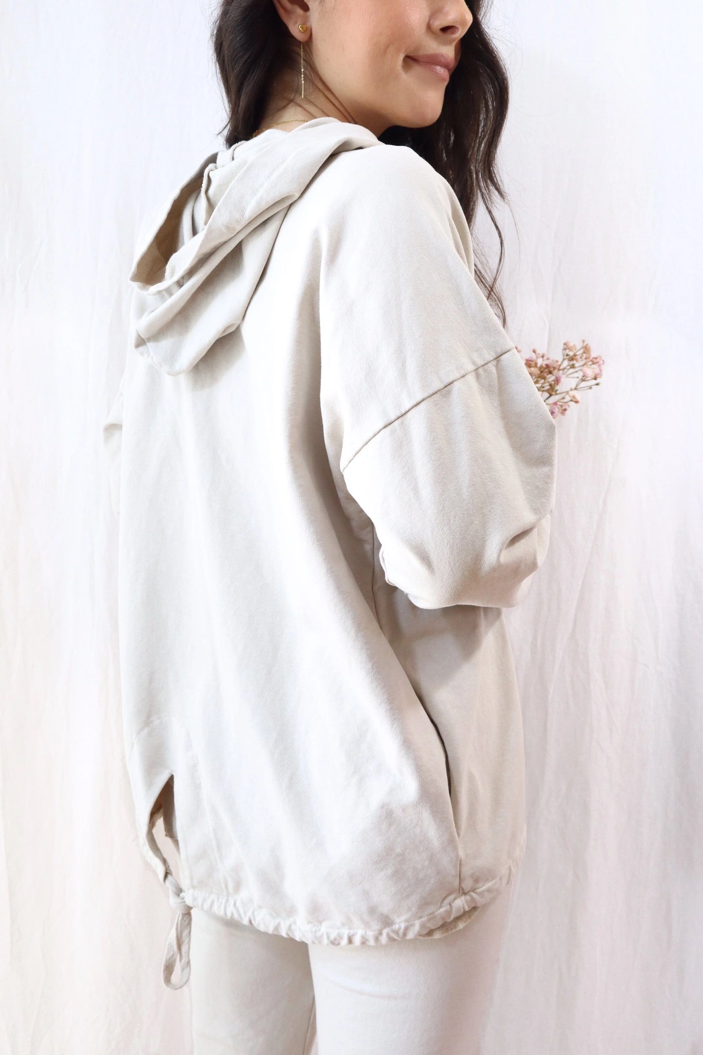 Hooded Sweatshirt with Zip and Drawstring | Beige