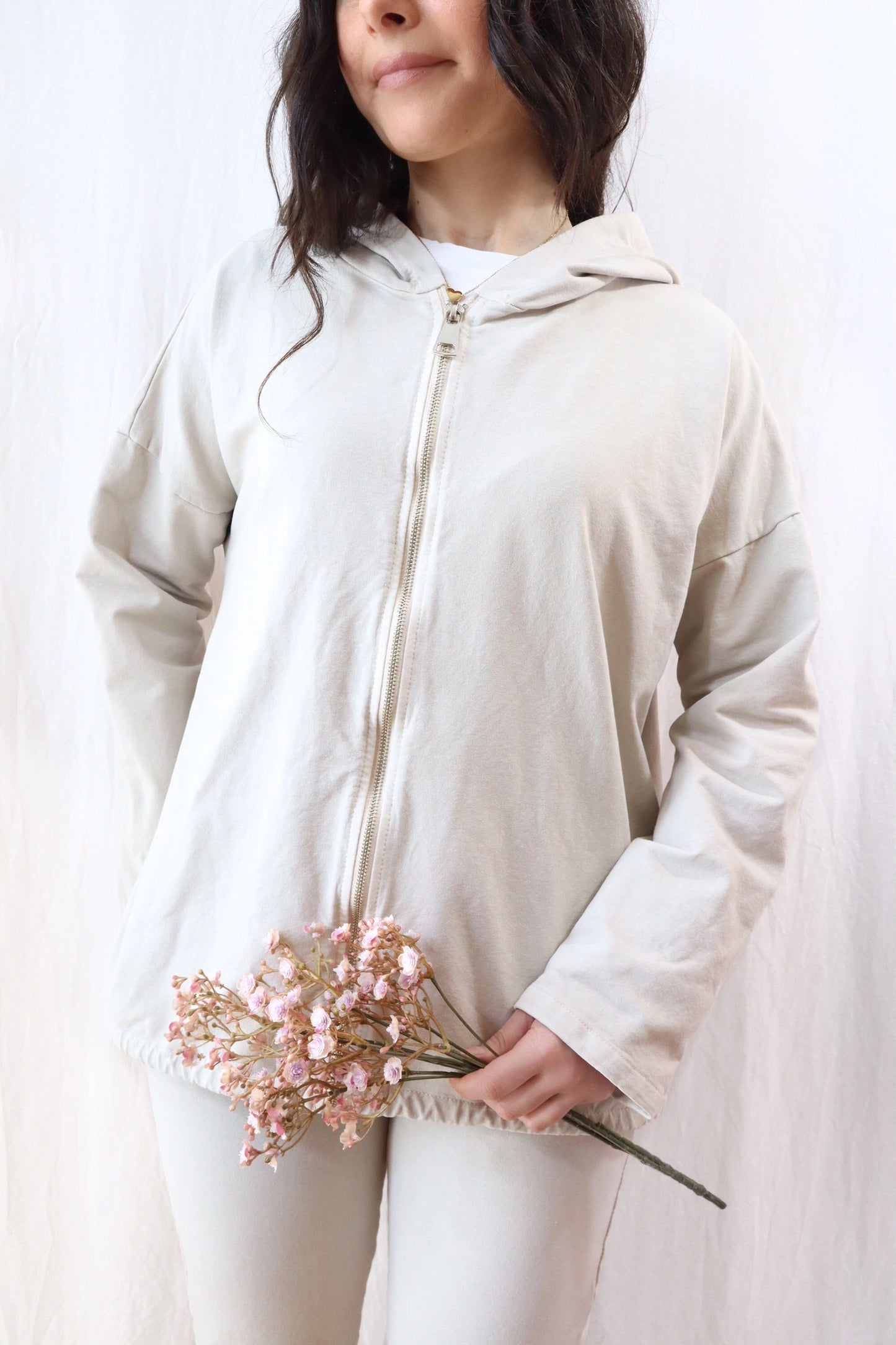 Hooded Sweatshirt with Zip and Drawstring | Beige