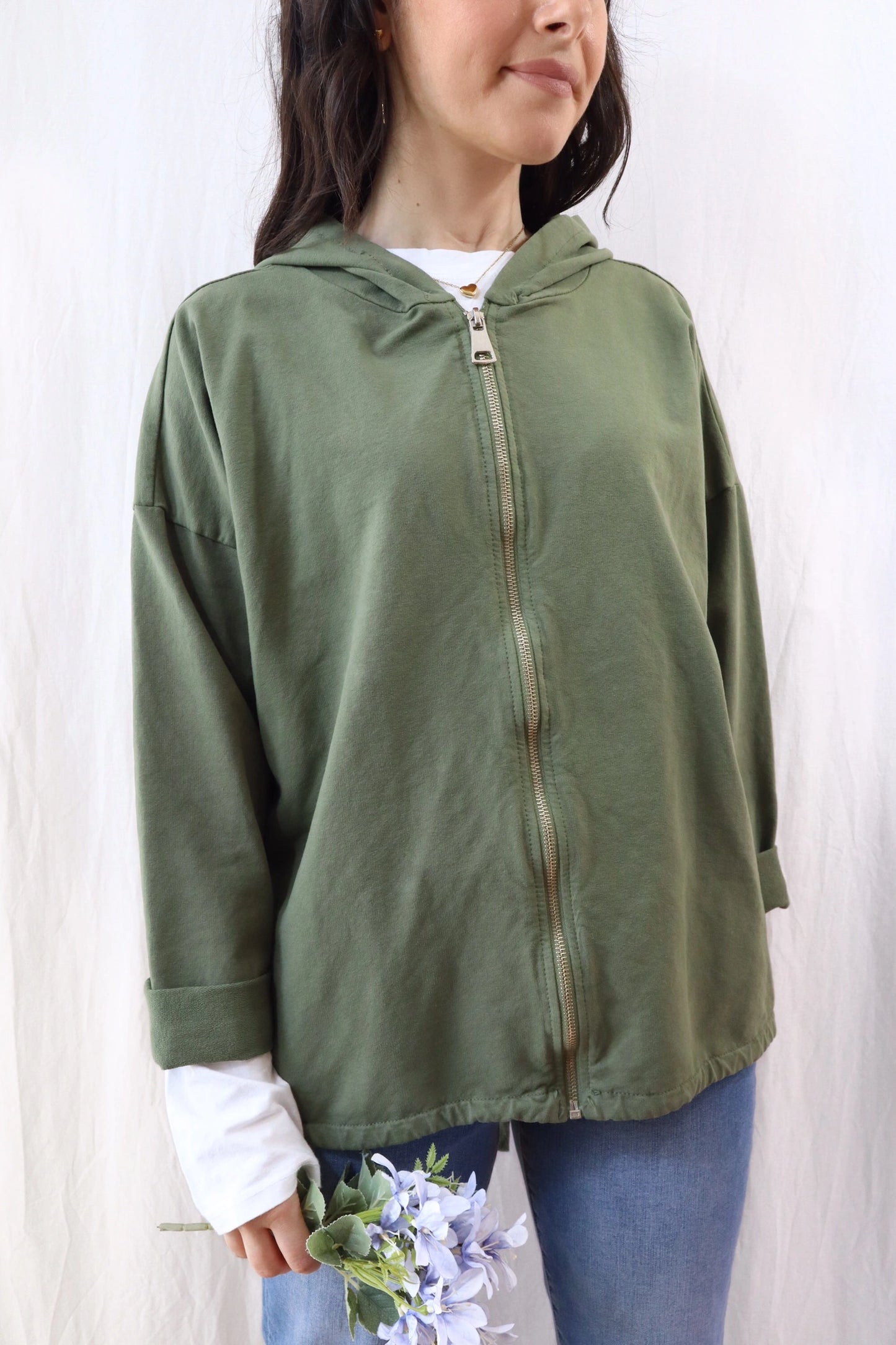 Hooded Sweatshirt with Zip and Drawstring | Green