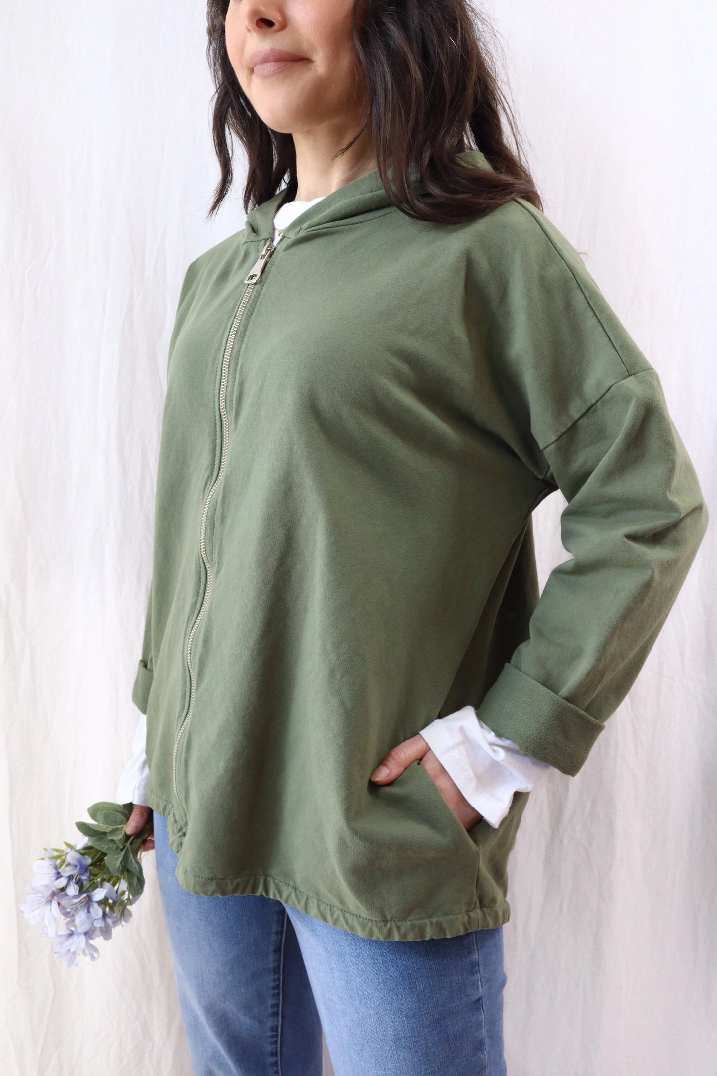 Hooded Sweatshirt with Zip and Drawstring | Green