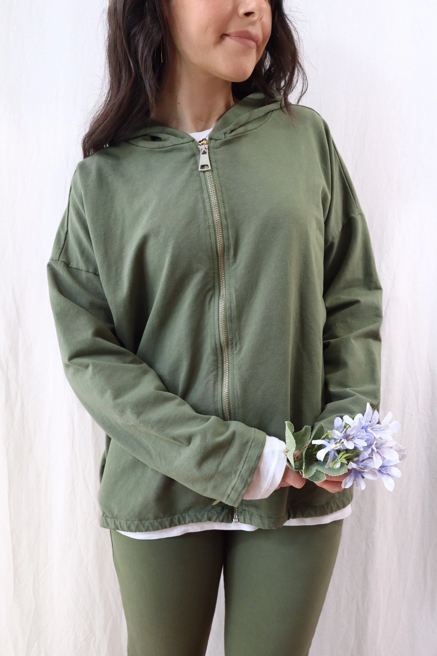 Hooded Sweatshirt with Zip and Drawstring | Green