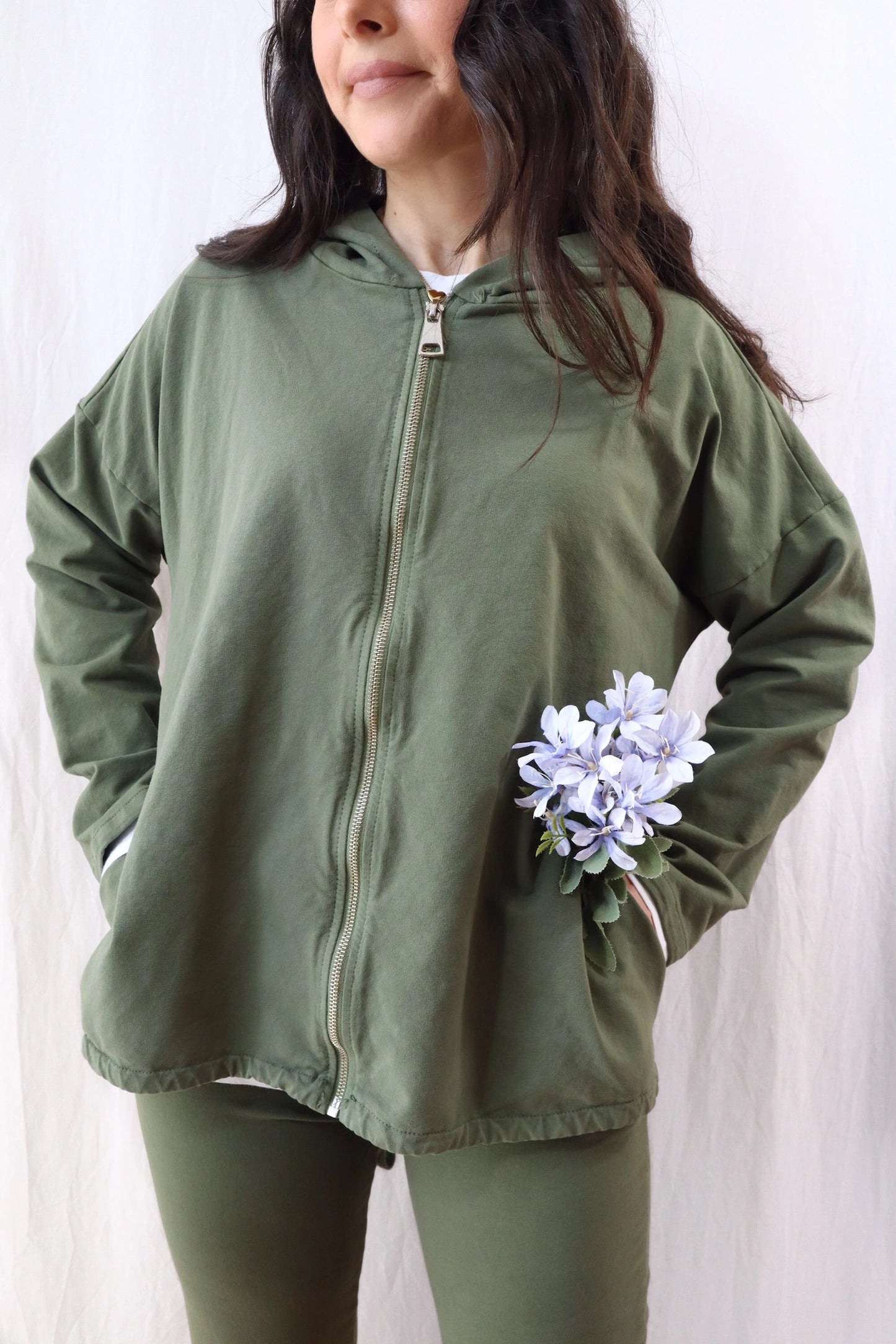 Hooded Sweatshirt with Zip and Drawstring | Green