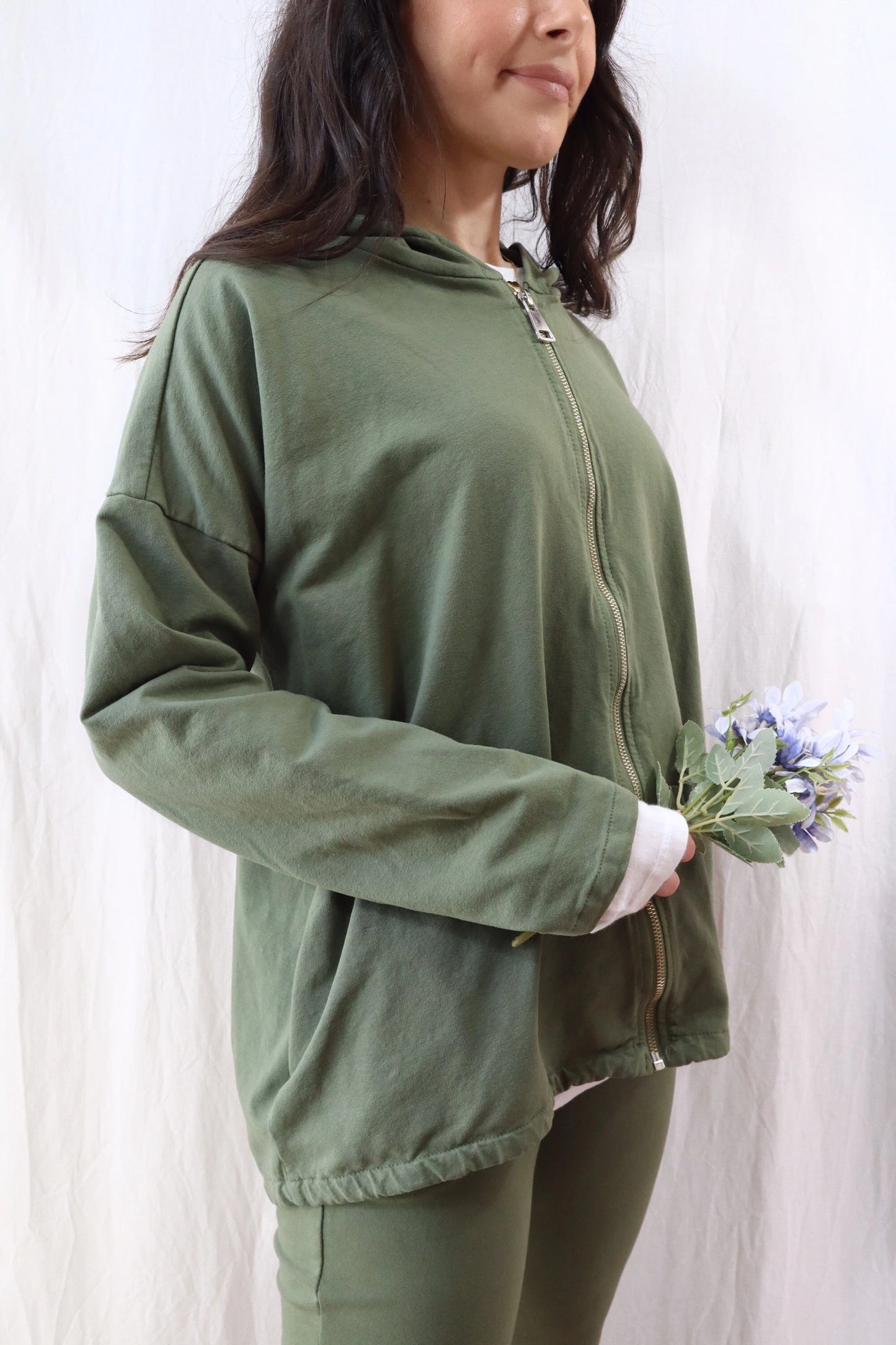 Hooded Sweatshirt with Zip and Drawstring | Green