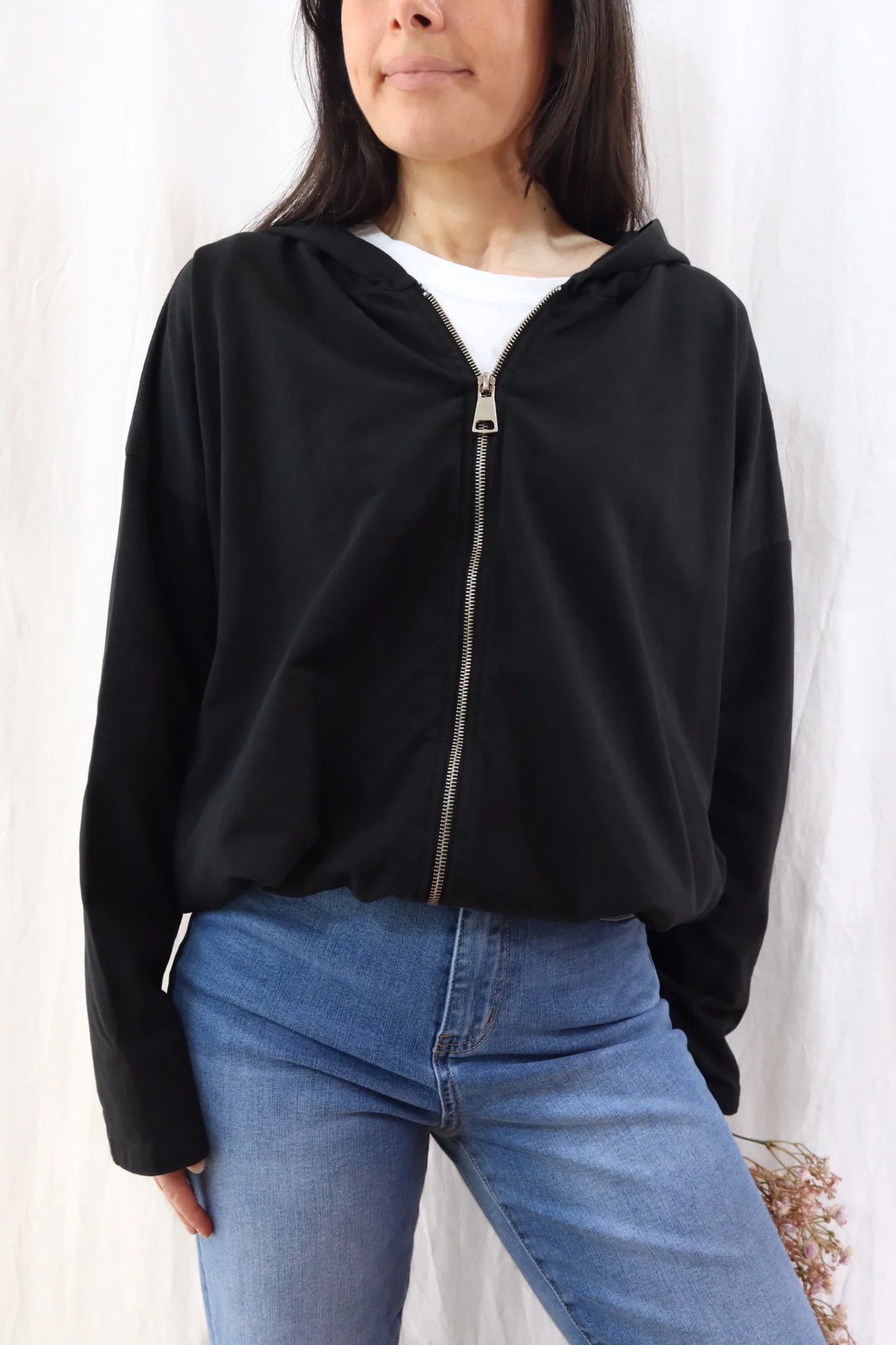 Hooded Sweatshirt with Zip and Drawstring | Black