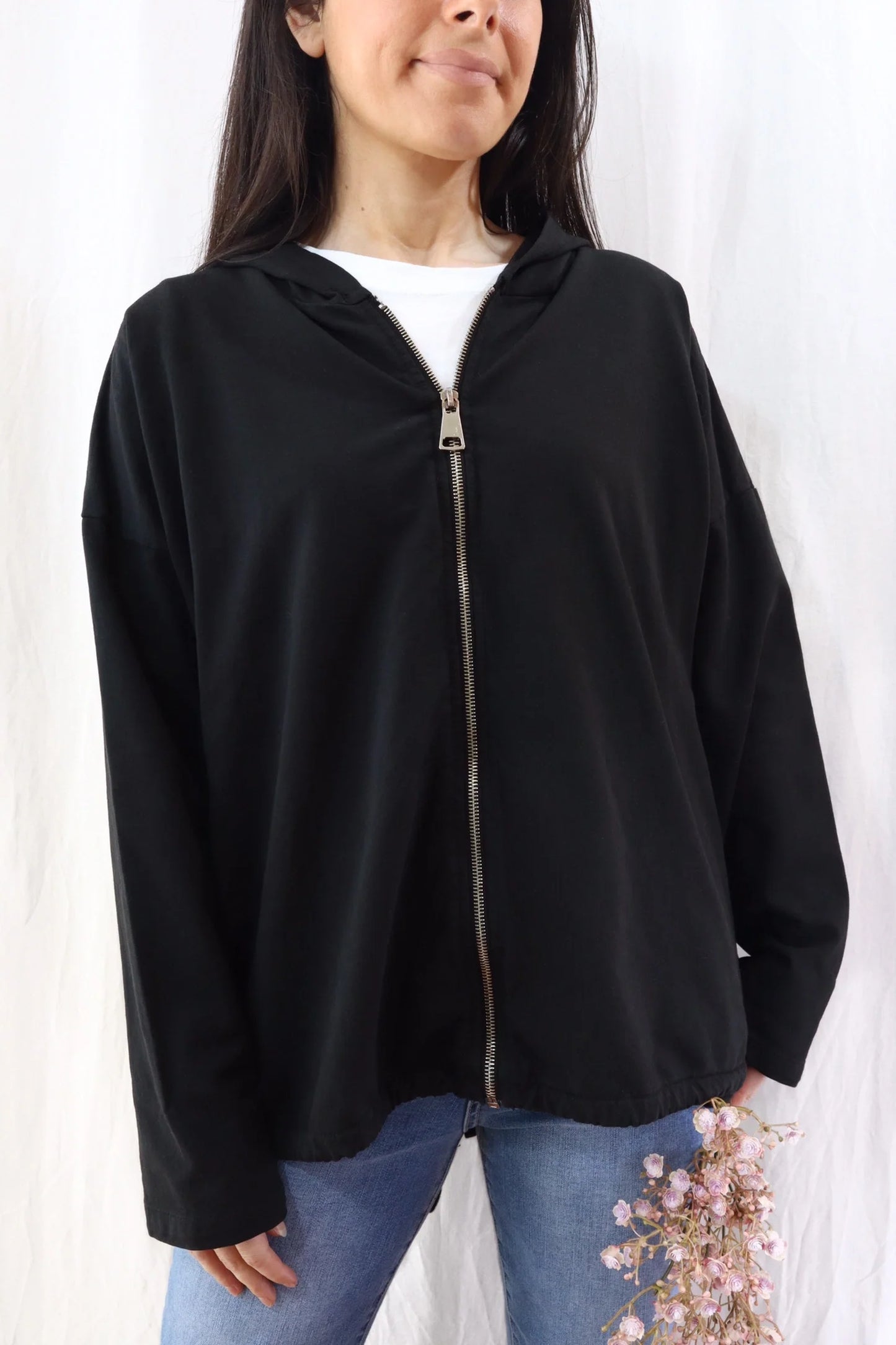 Hooded Sweatshirt with Zip and Drawstring | Black