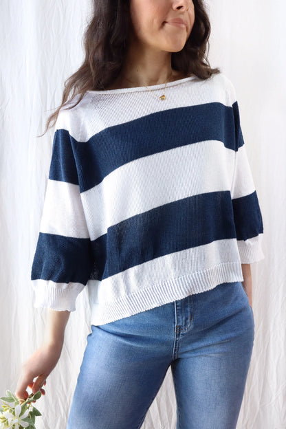 Seamless Striped Sweater | Navy Blue & White