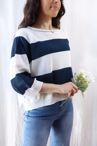 Seamless Striped Sweater | Navy Blue & White