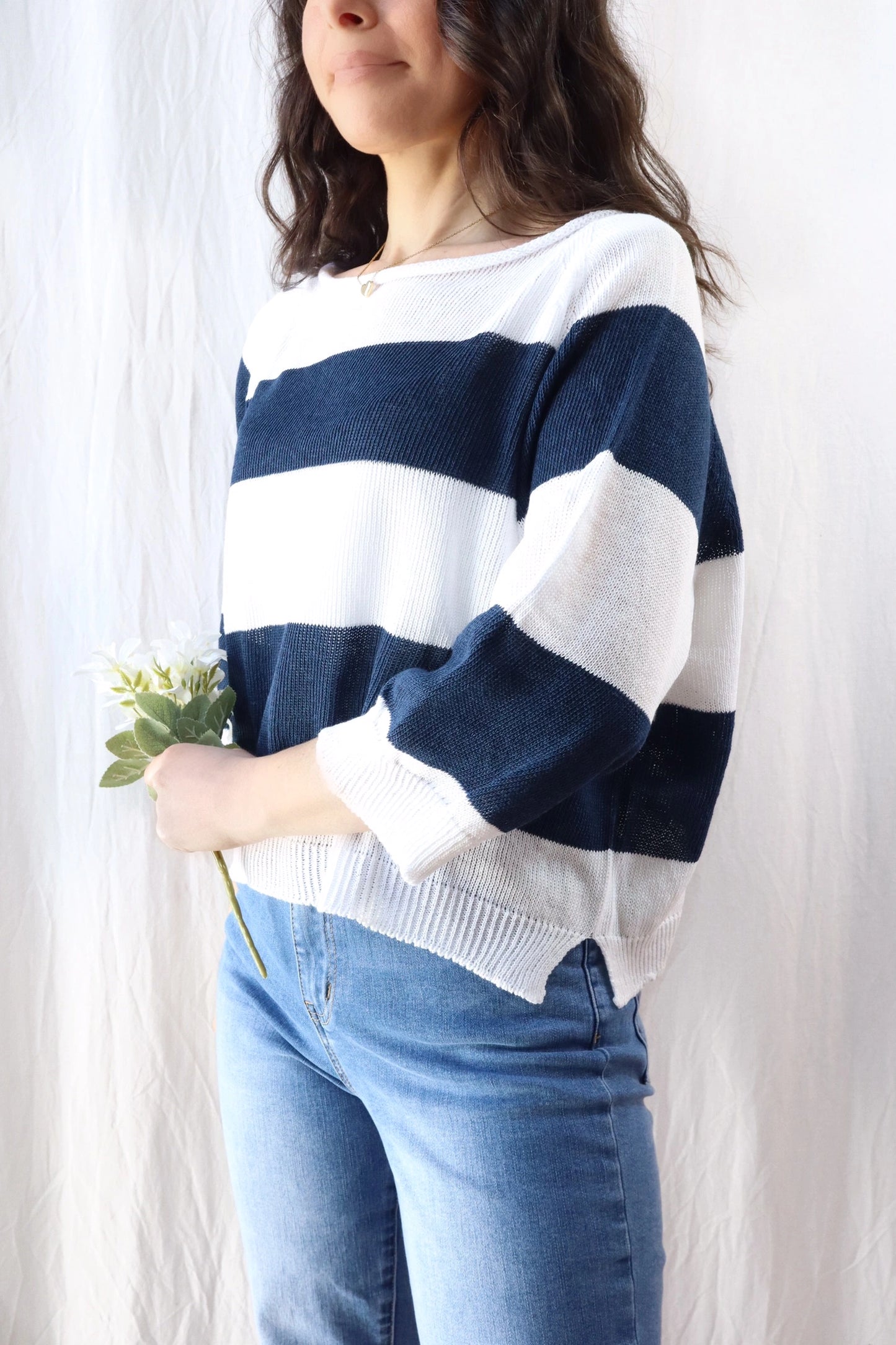 Seamless Striped Sweater | Navy Blue & White