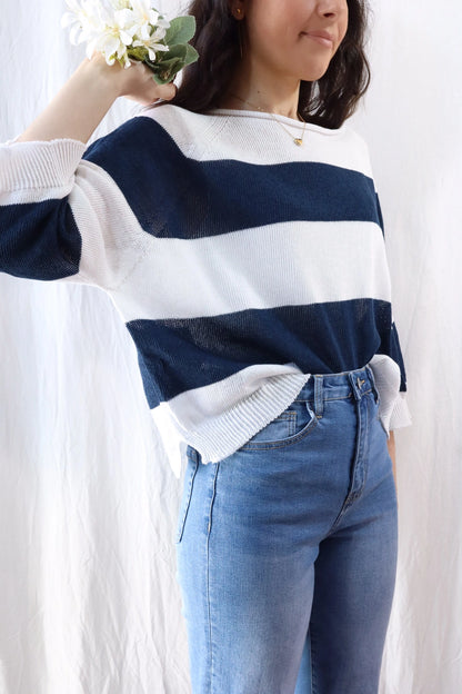 Seamless Striped Sweater | Navy Blue & White