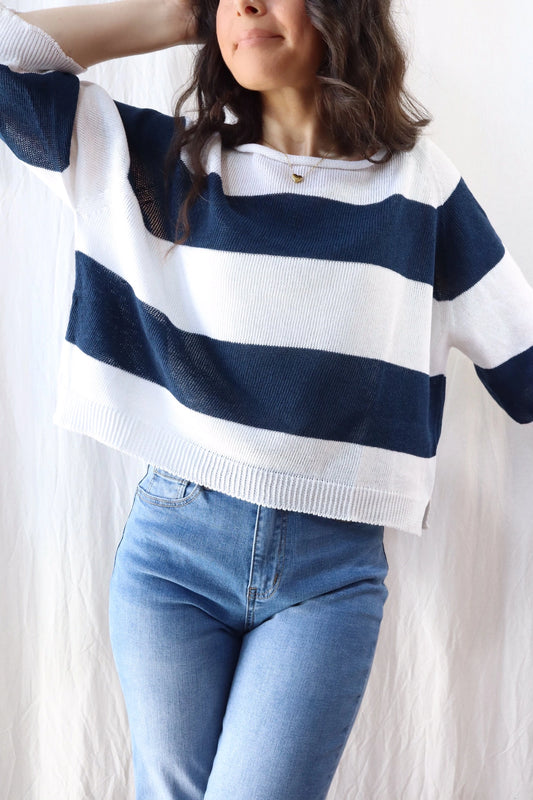 Seamless Striped Sweater | Navy Blue & White