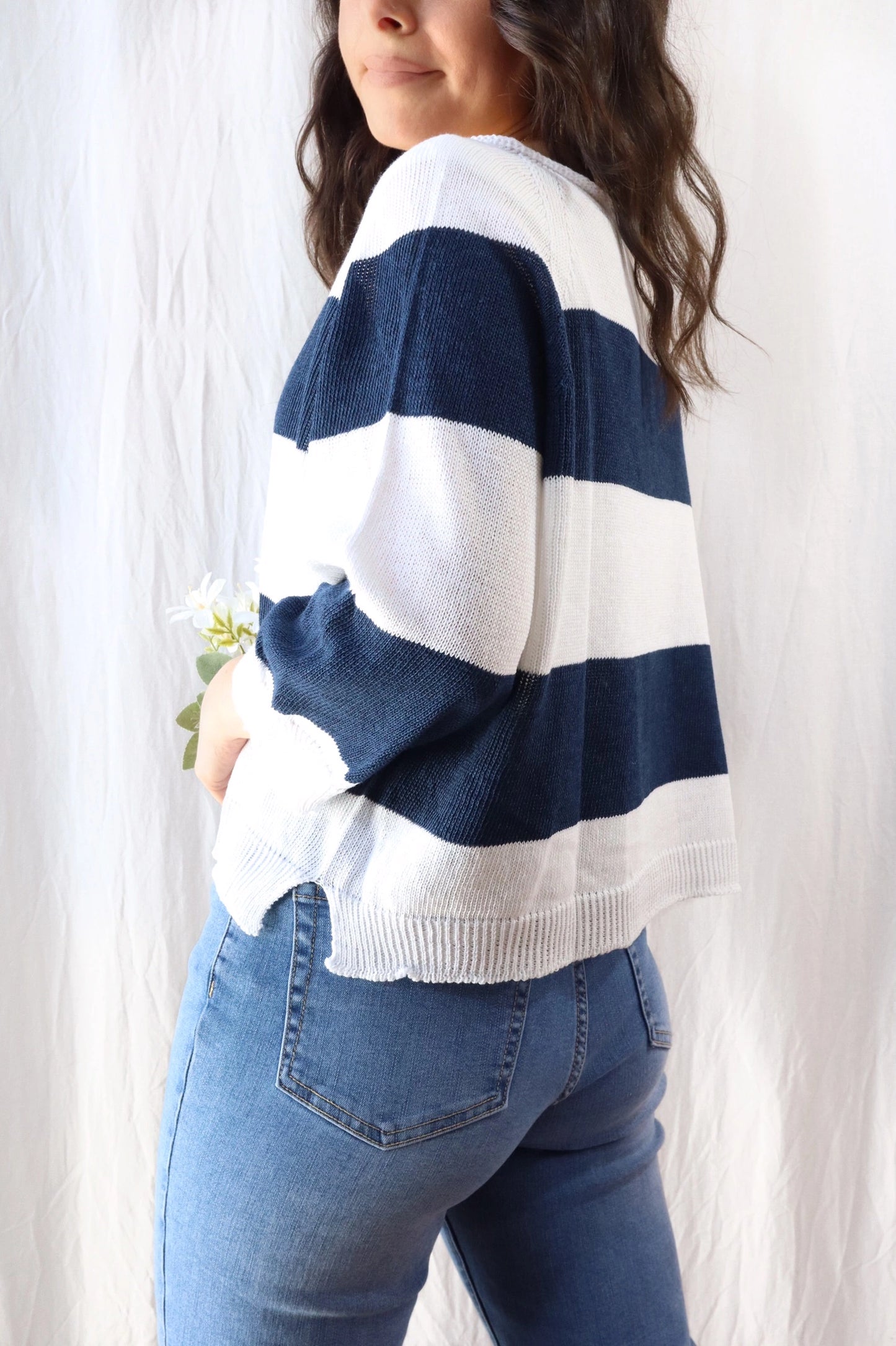 Seamless Striped Sweater | Navy Blue & White