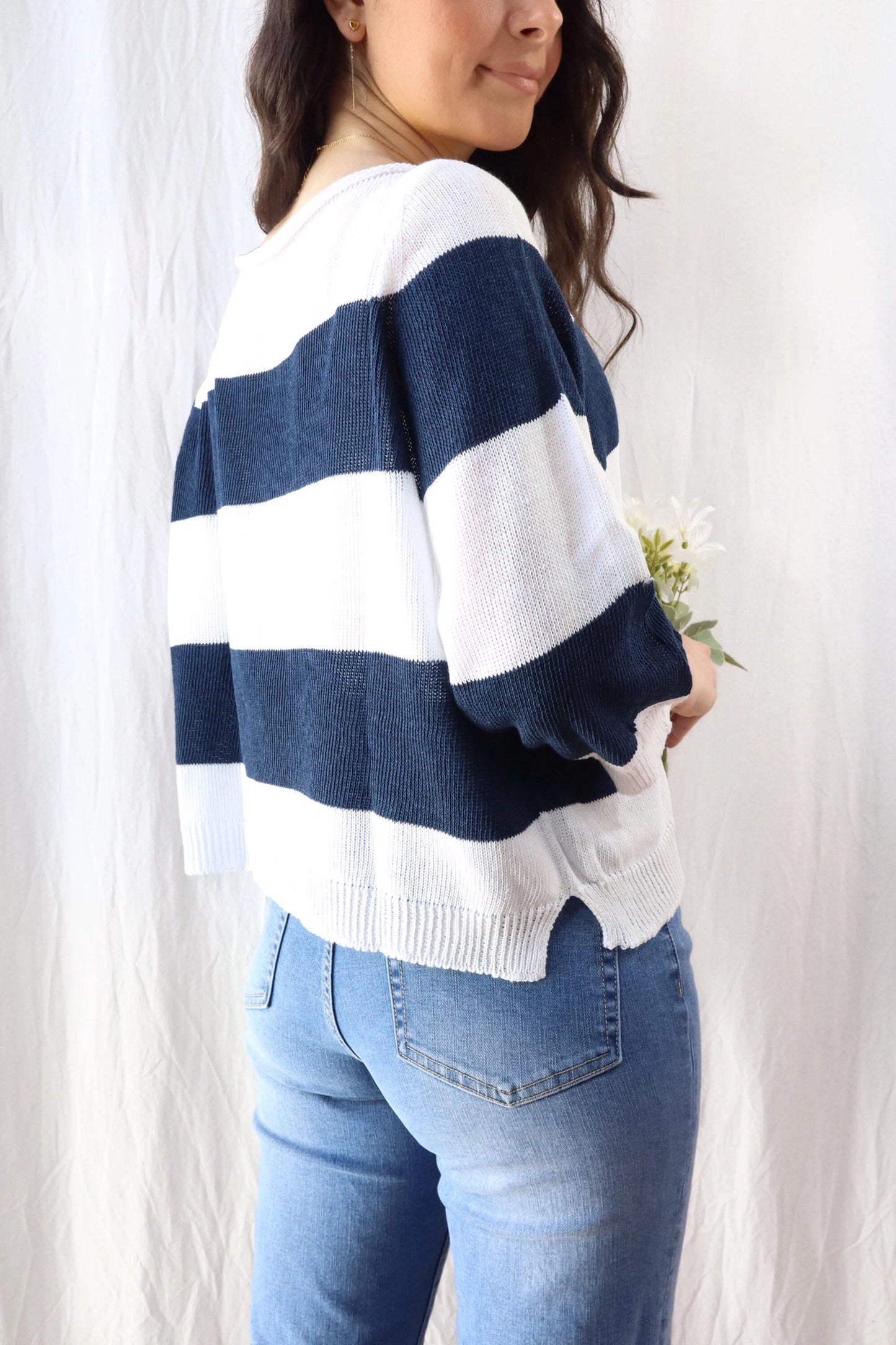 Seamless Striped Sweater | Navy Blue & White