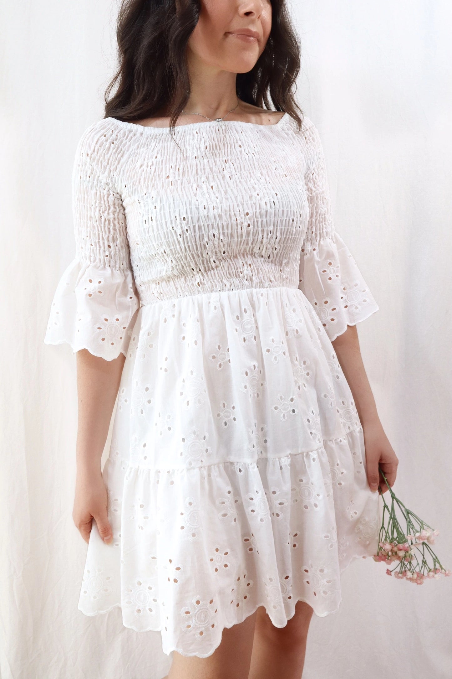 Short Dress in Pure Cotton with Eyelet Embroidery