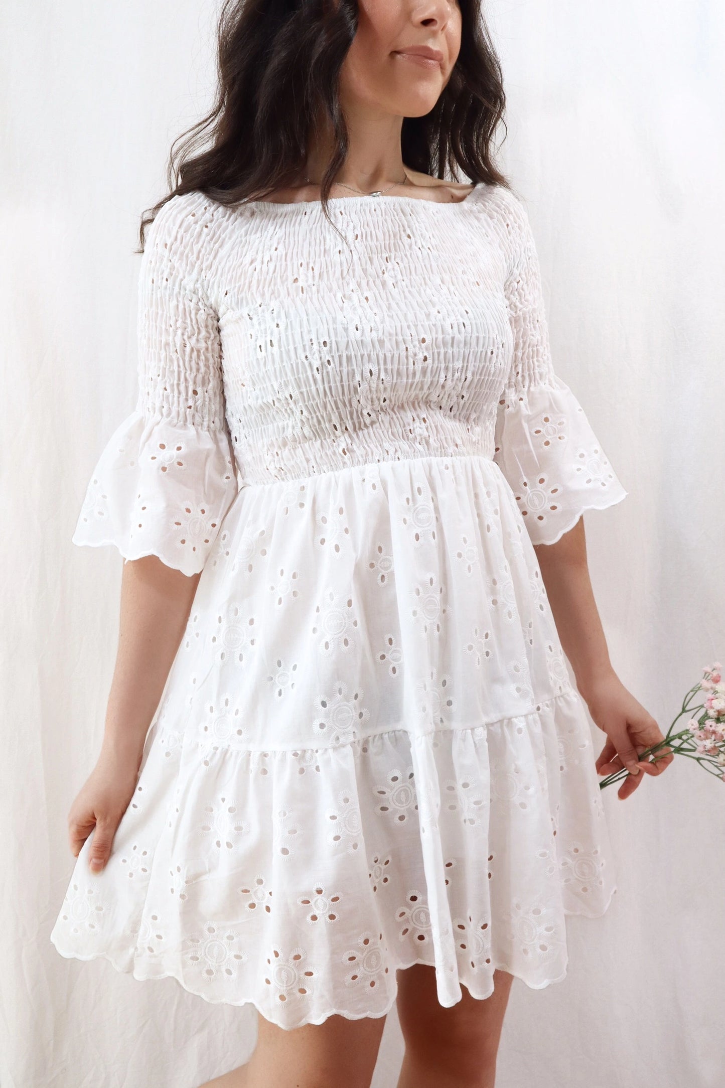 White Eyelet Dress - Embroidered Skater Dress - Cotton Mini Dress