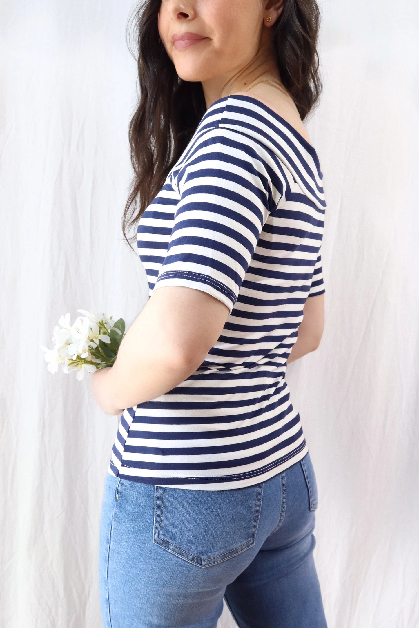 Off the Shoulder Top | Blue & White