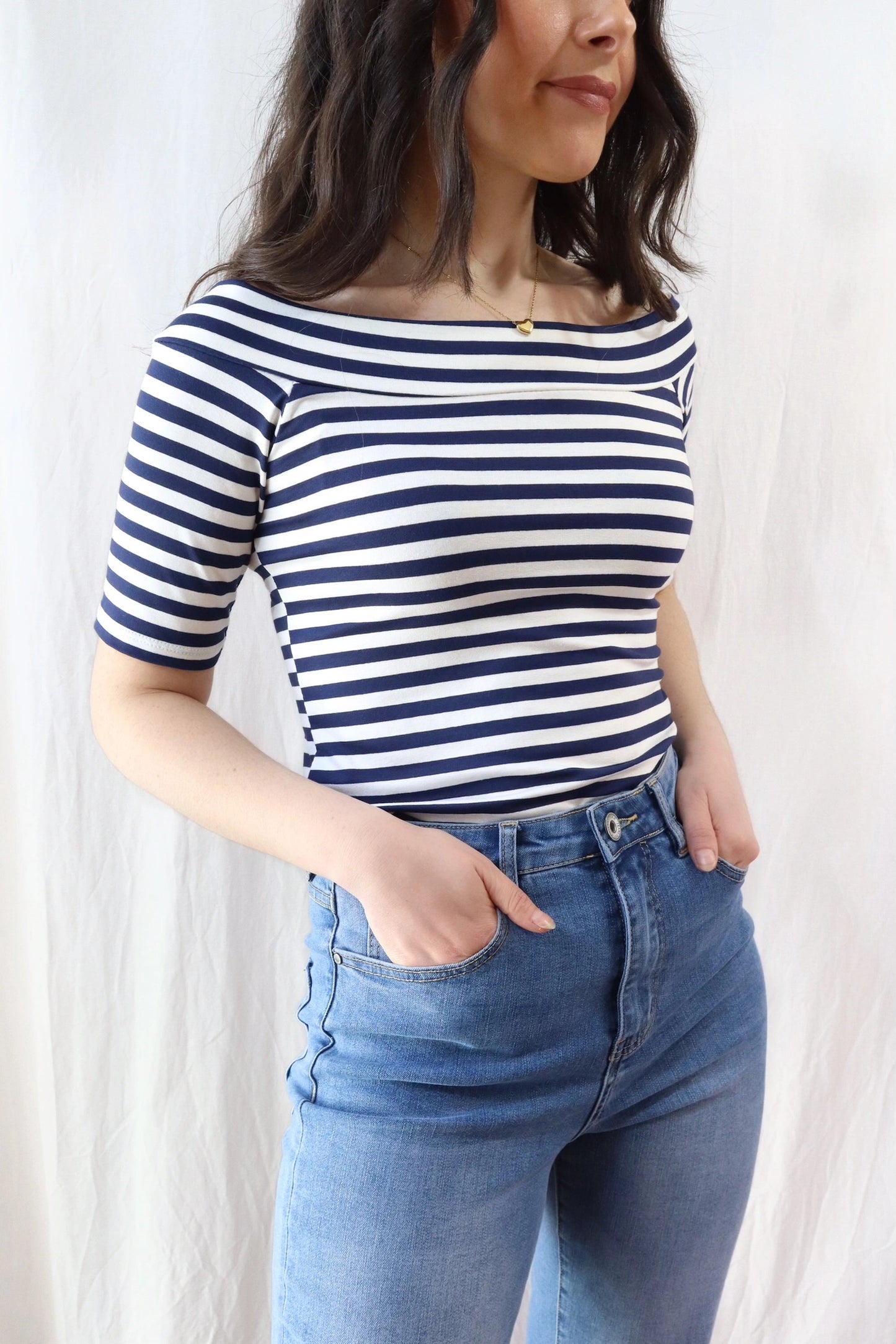 Off the Shoulder Top | Blue & White