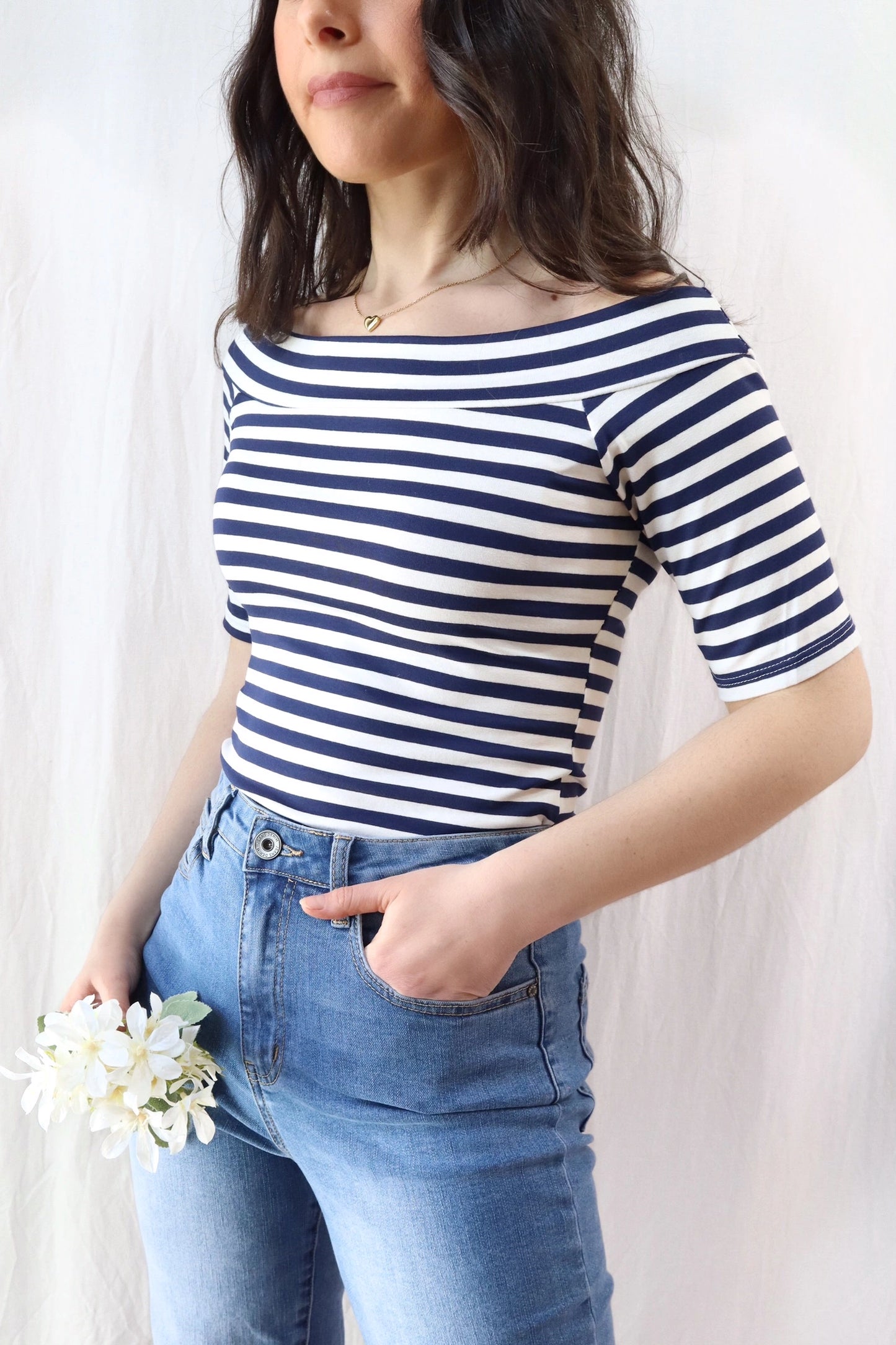 Off the Shoulder Top | Blue & White