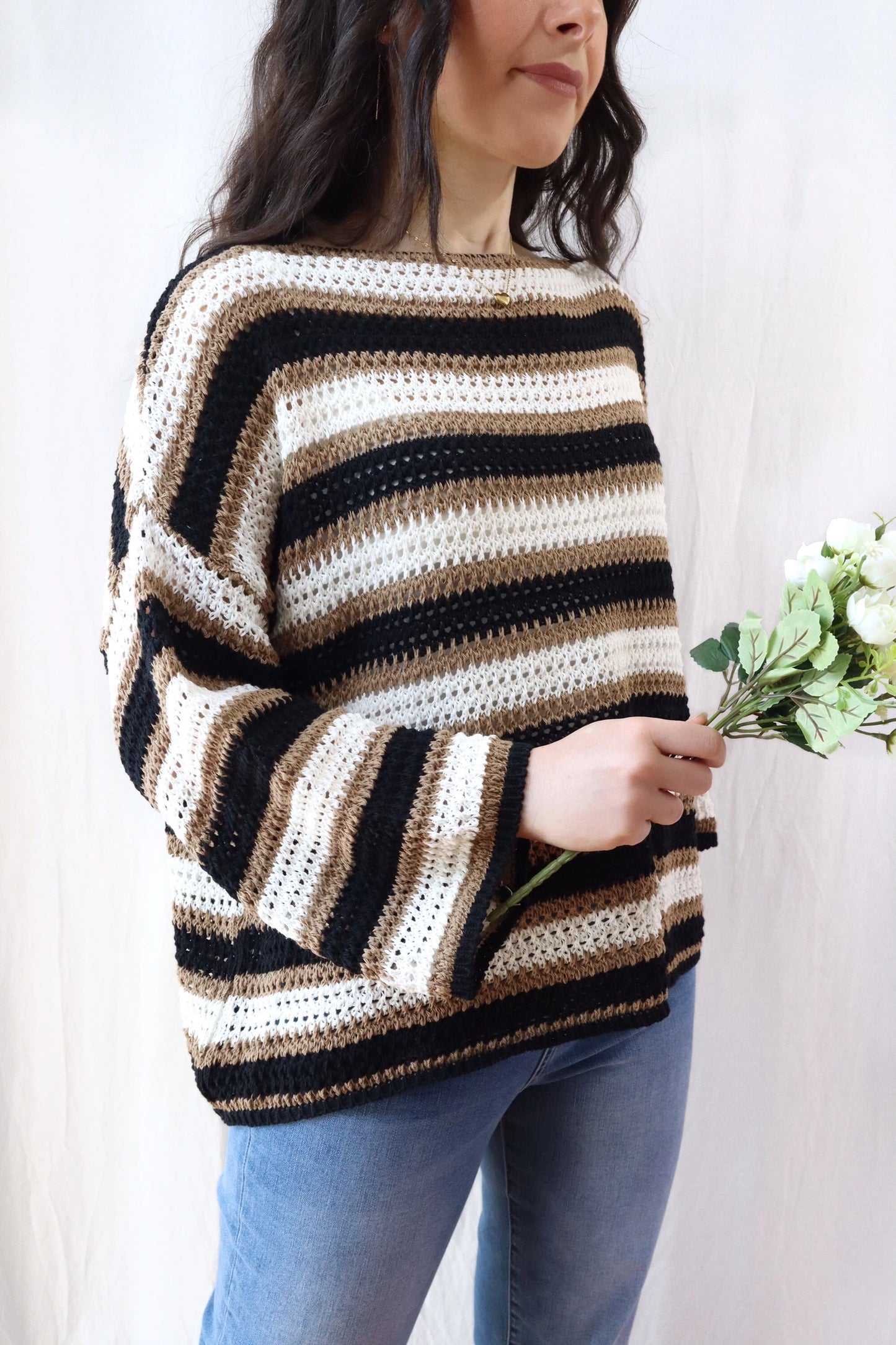 Pure Cotton Hole-knit Striped Sweater