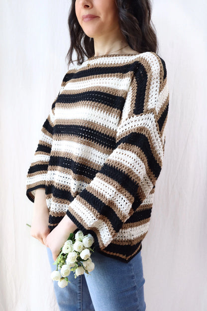 Pure Cotton Hole-knit Striped Sweater