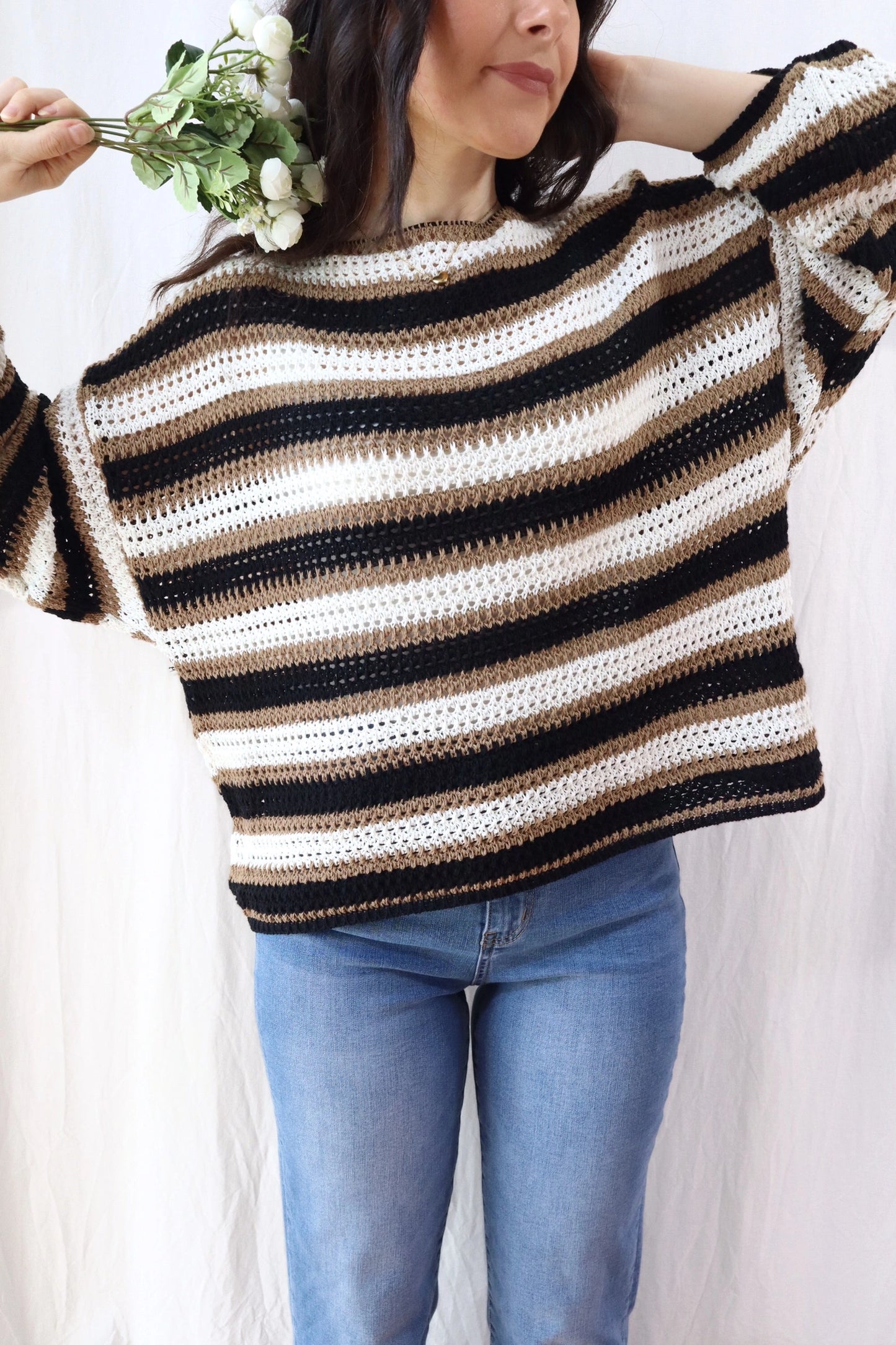 Pure Cotton Hole-knit Striped Sweater