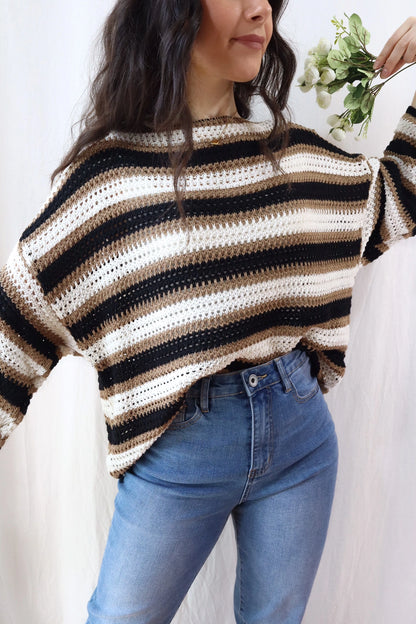 Pure Cotton Hole-knit Striped Sweater