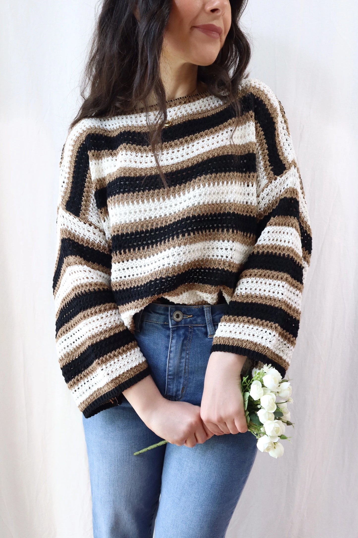 Pure Cotton Hole-knit Striped Sweater