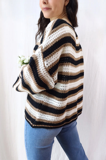 Pure Cotton Hole-knit Striped Sweater