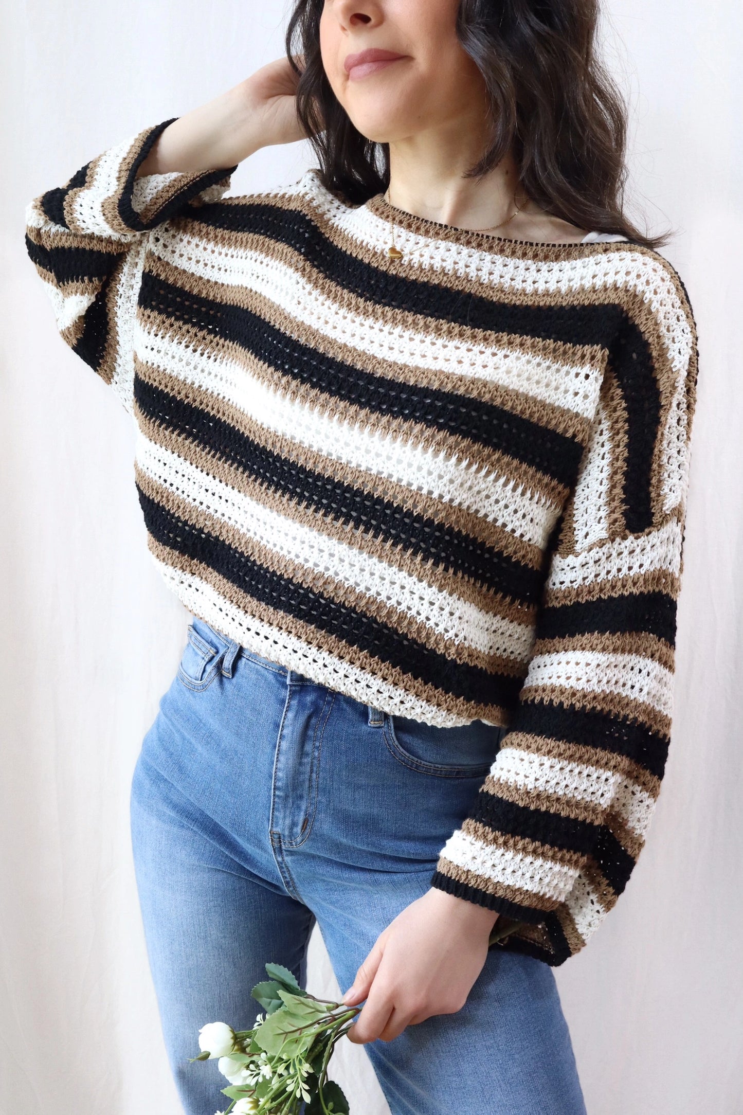 Pure Cotton Hole-knit Striped Sweater