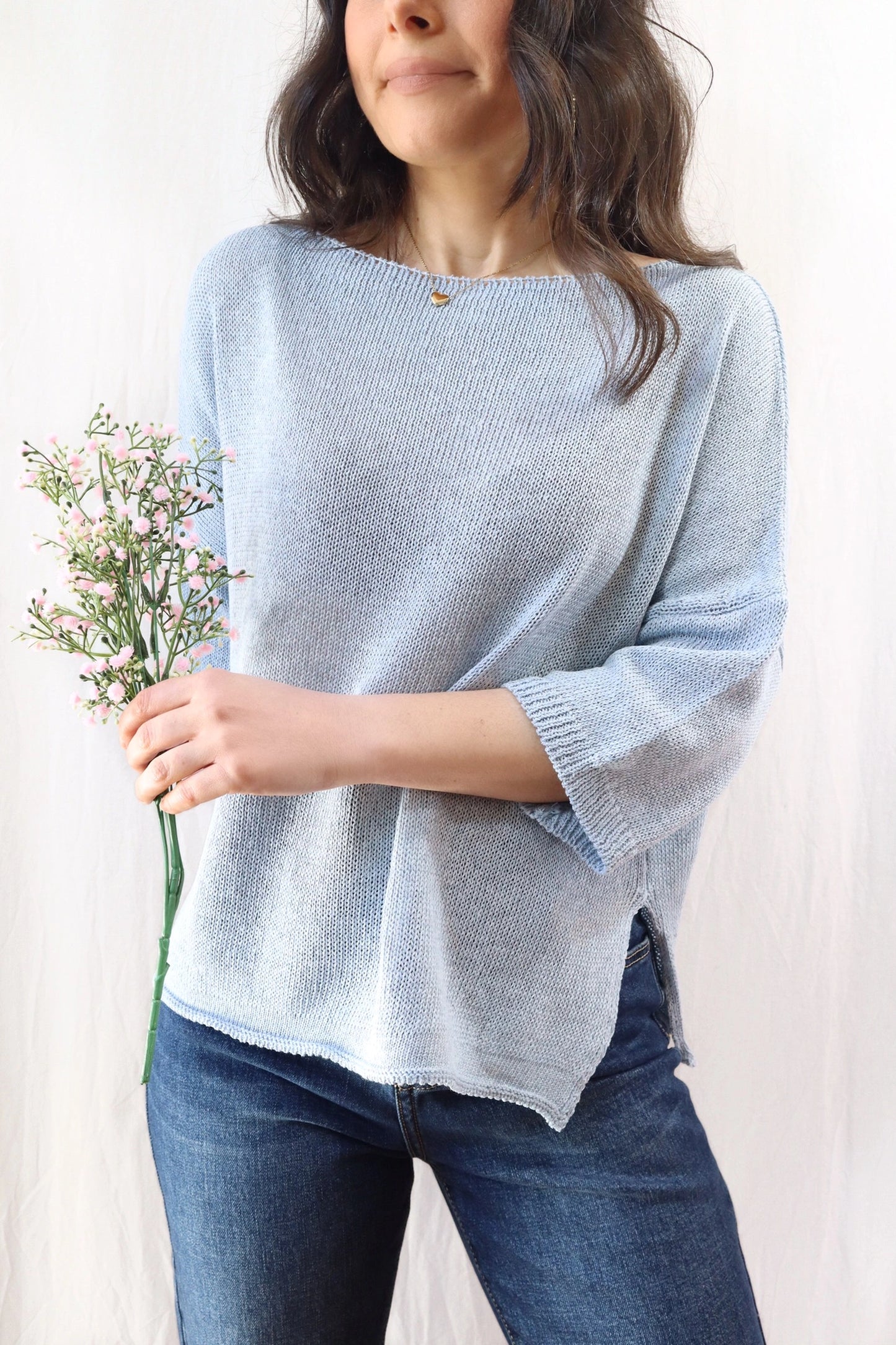 3/4-length-sleeve Cotton Sweater | Light Blue