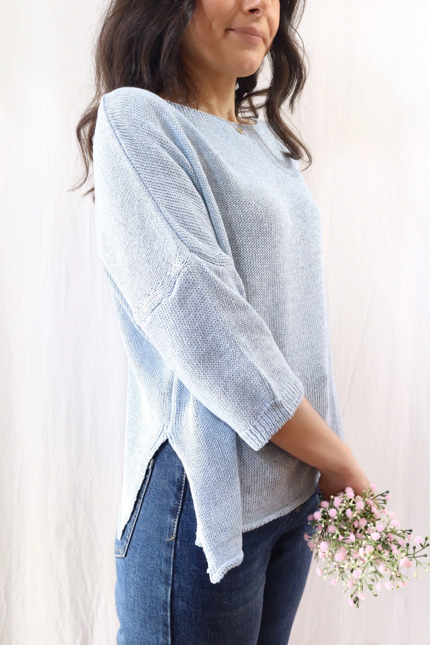 3/4-length-sleeve Cotton Sweater | Light Blue