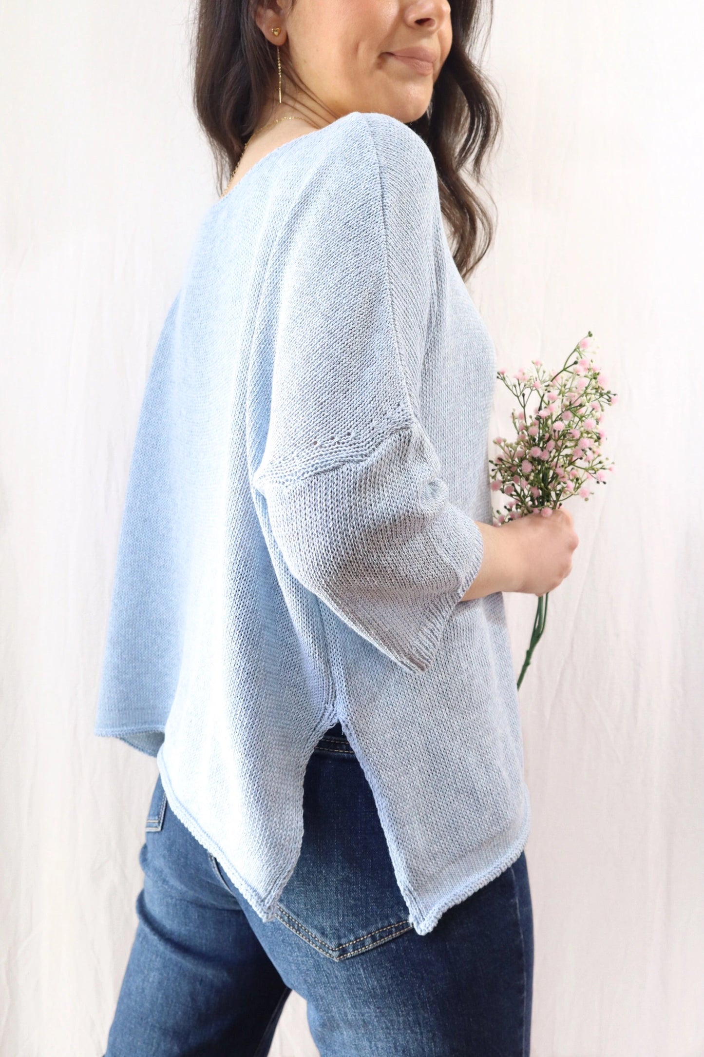 3/4-length-sleeve Cotton Sweater | Light Blue