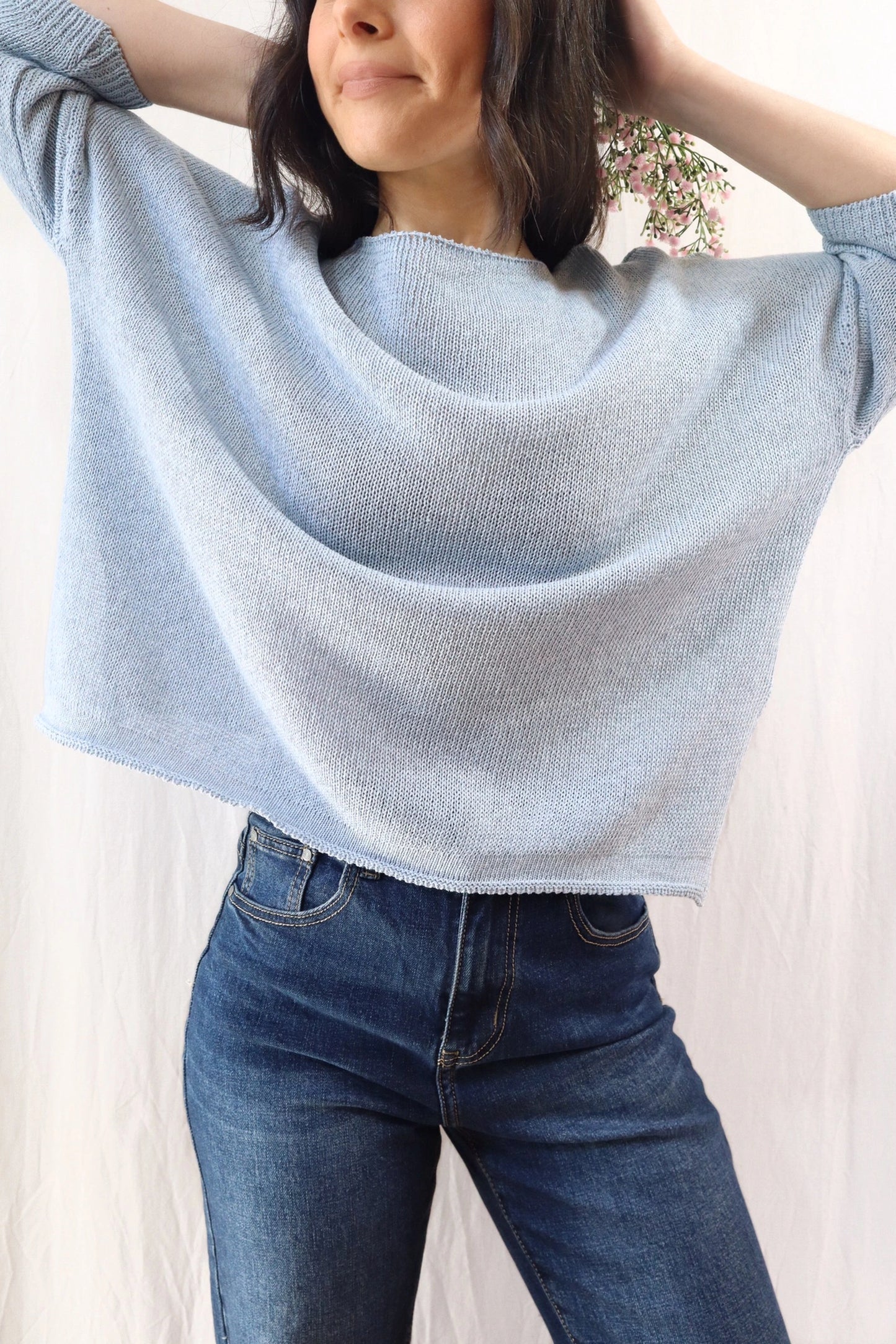 3/4-length-sleeve Cotton Sweater | Light Blue