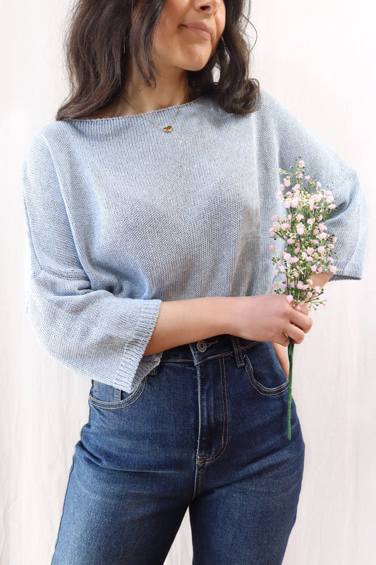 3/4-length-sleeve Cotton Sweater | Light Blue