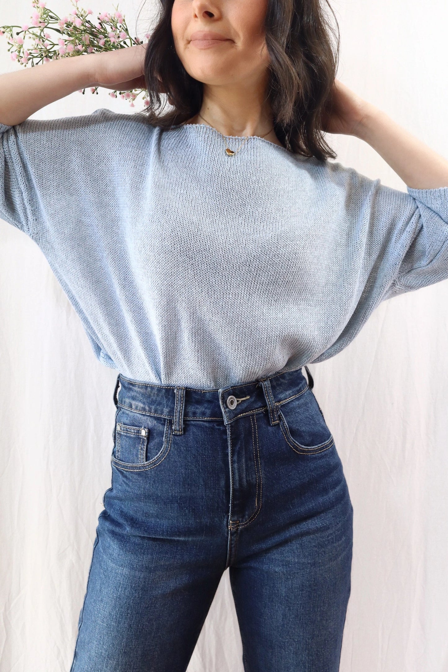 3/4-length-sleeve Cotton Sweater | Light Blue