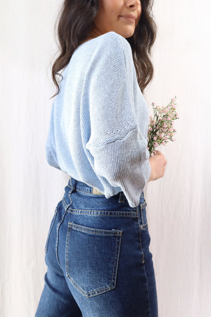 3/4-length-sleeve Cotton Sweater | Light Blue