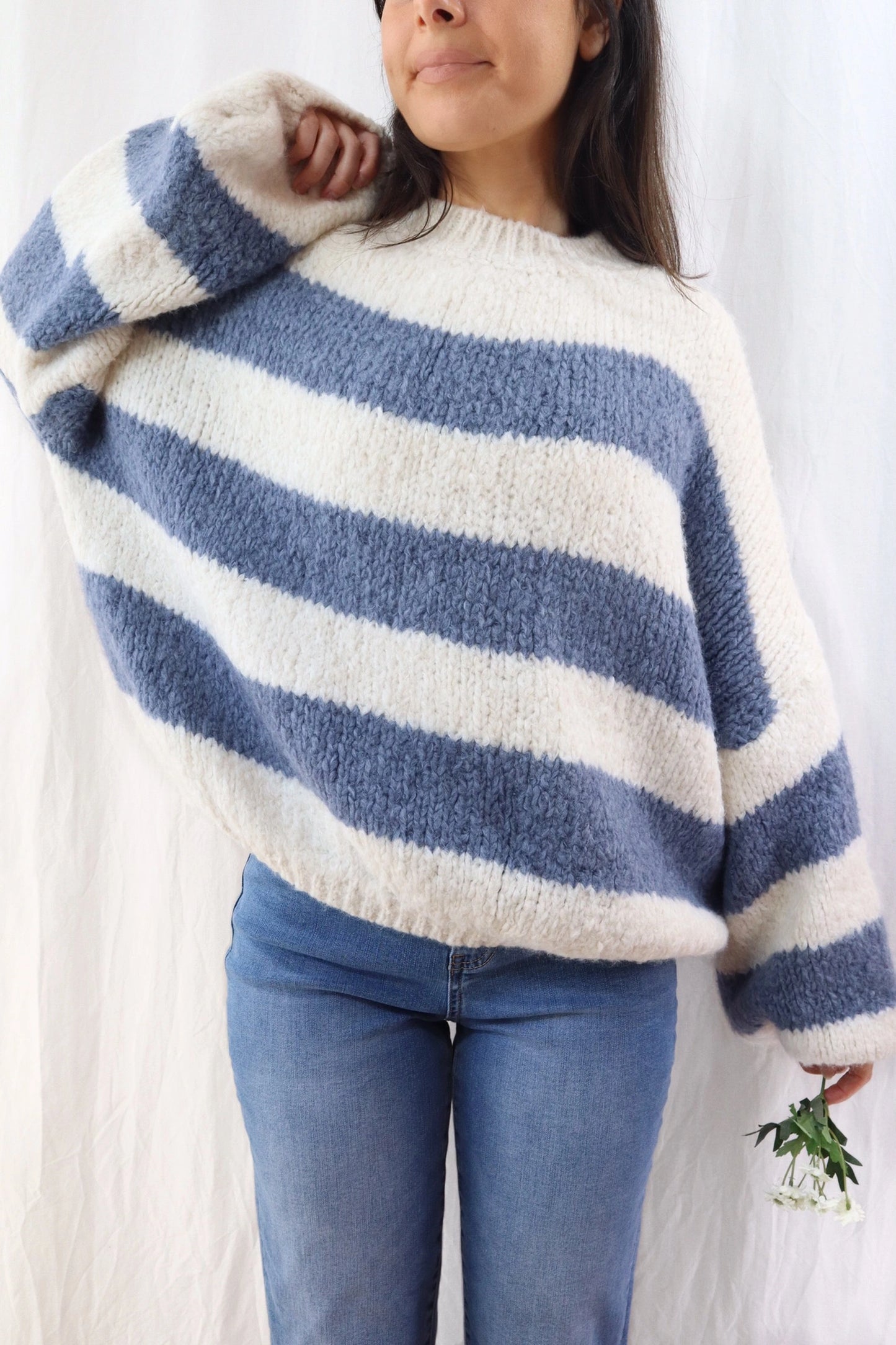 Balloon-sleeved Striped Sweater