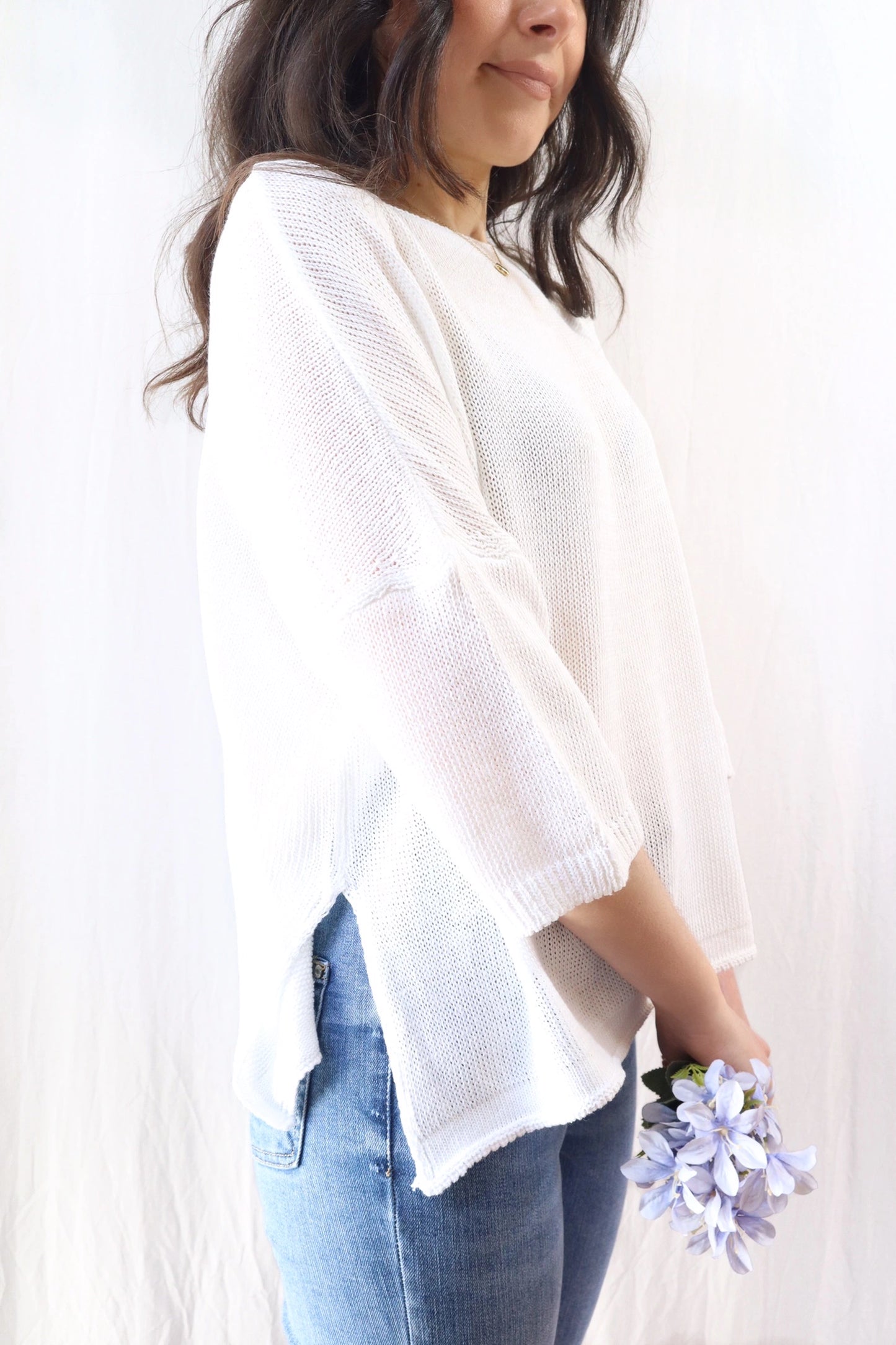 3/4-length-sleeve Cotton Sweater | White