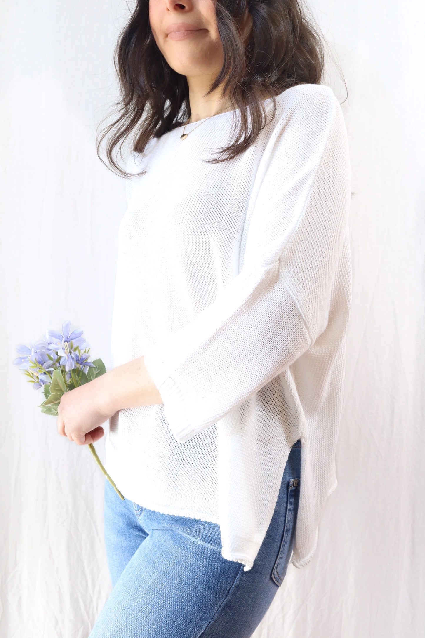 3/4-length-sleeve Cotton Sweater | White