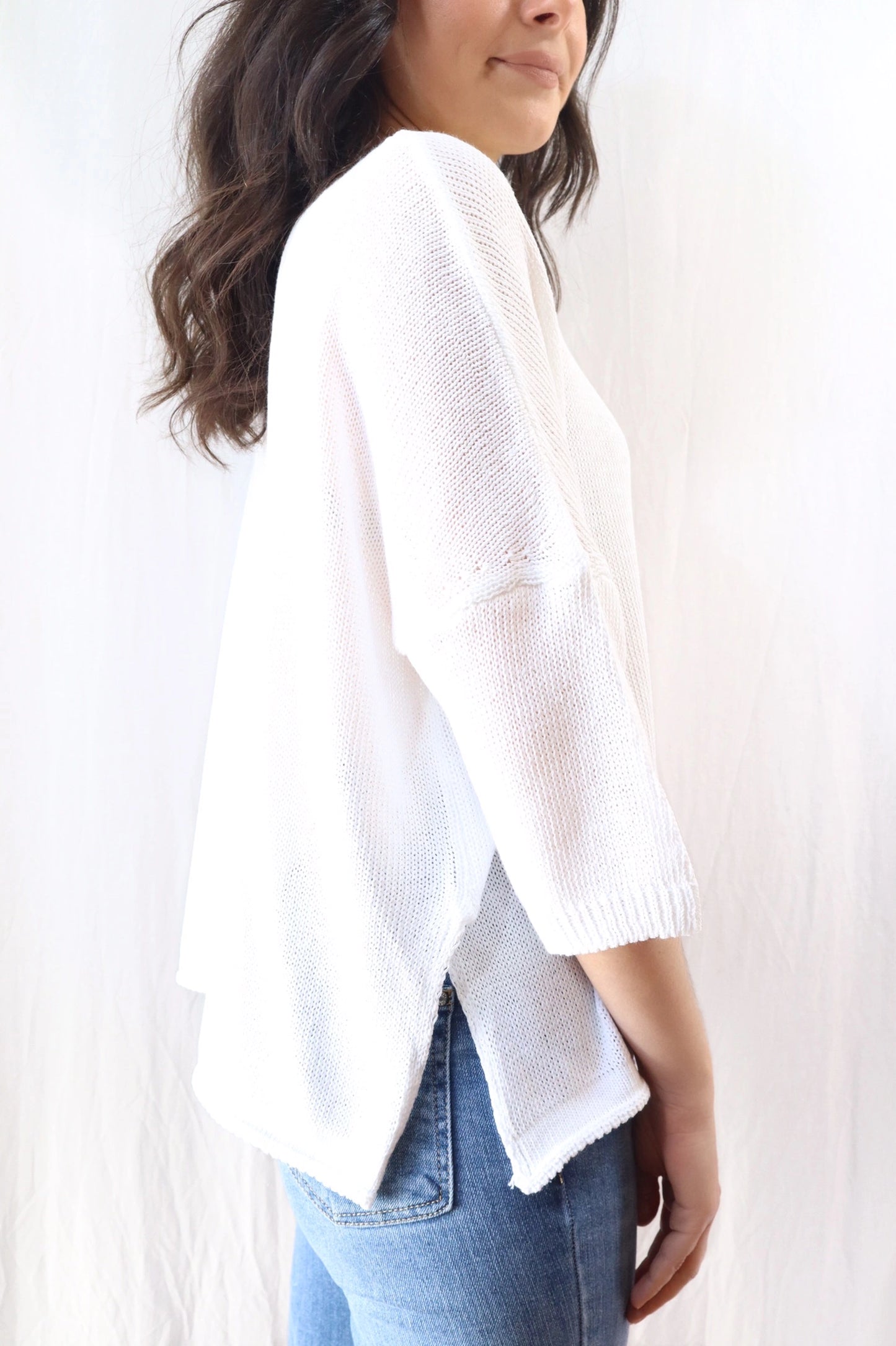 3/4-length-sleeve Cotton Sweater | White