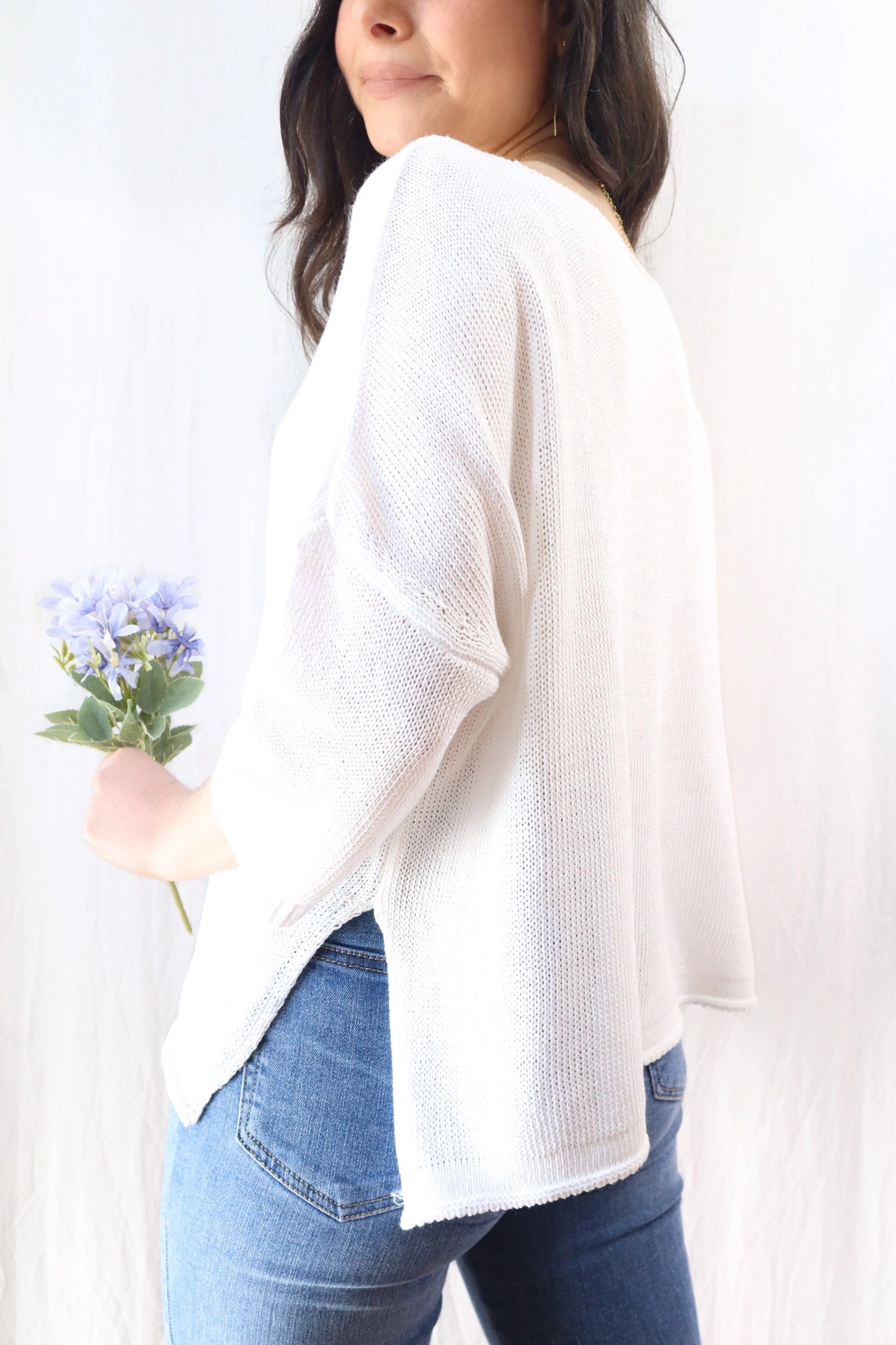 3/4-length-sleeve Cotton Sweater | White