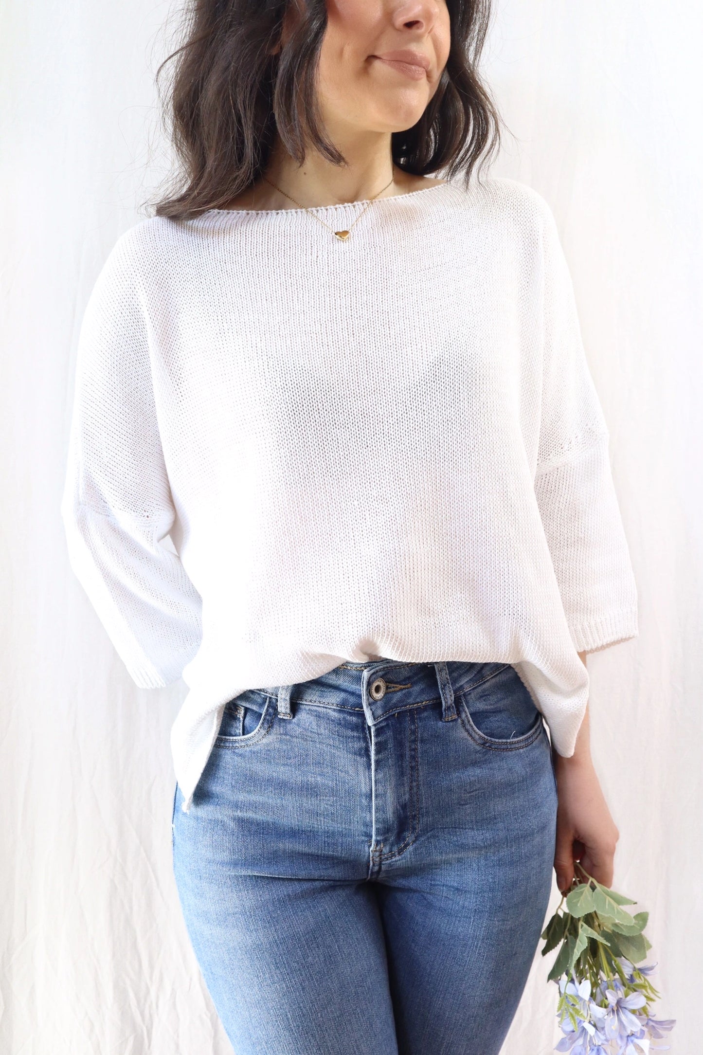 3/4-length-sleeve Cotton Sweater | White